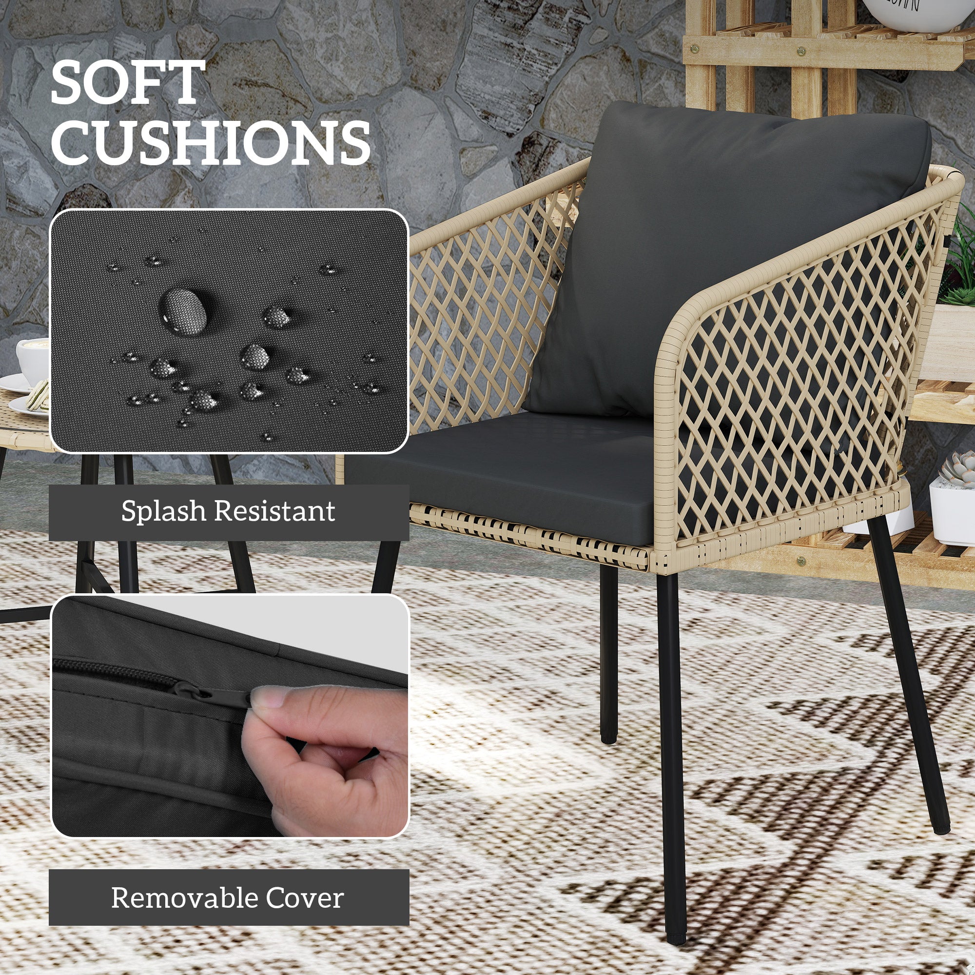 Outsunny Three-Piece Cut-Out Rattan Chair and Table Set - Brown/Black - North Peak Garden Furniture