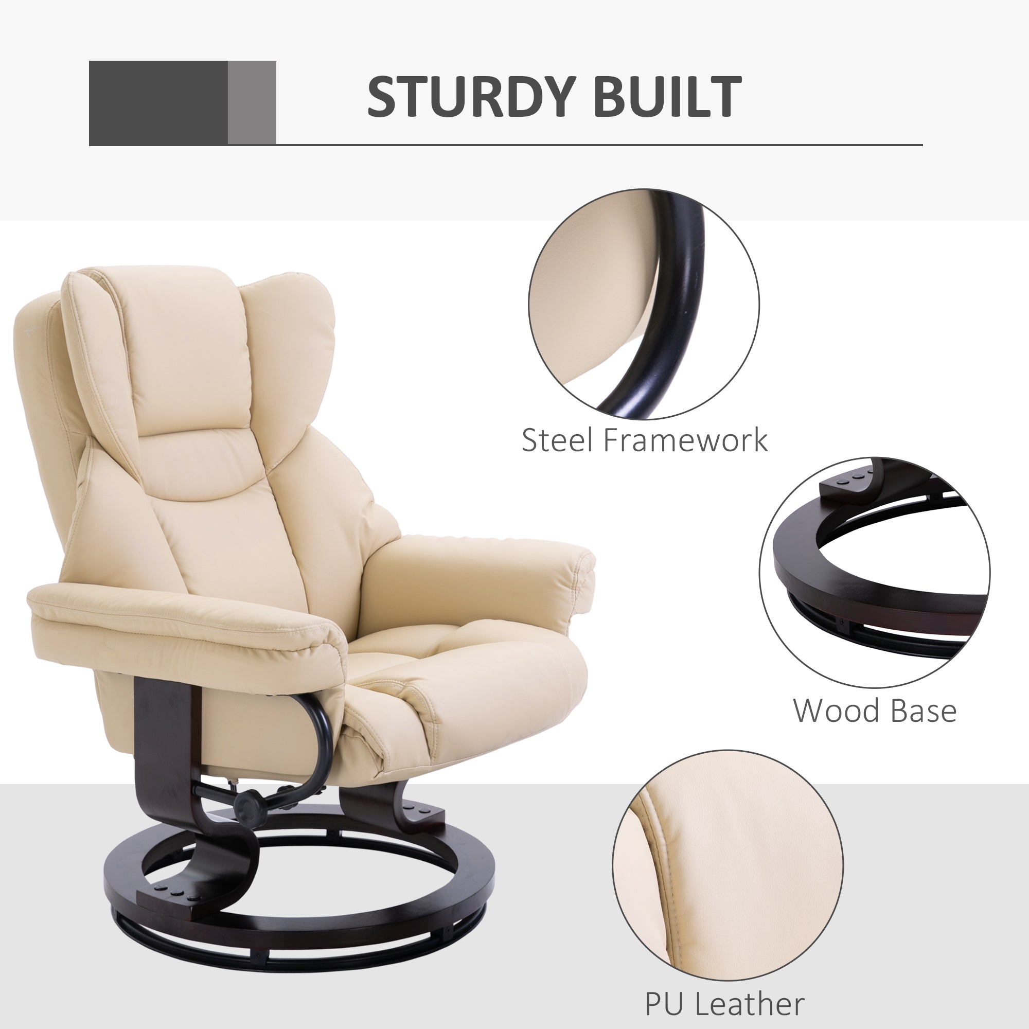 HOMCOM Faux Leather Recliner Chair and Footstool, Swivel Upholstered Armchair and Footstool with Adjustable Backrest, Solid Wood Base for Living Room, Cream - North Peak Garden Furniture