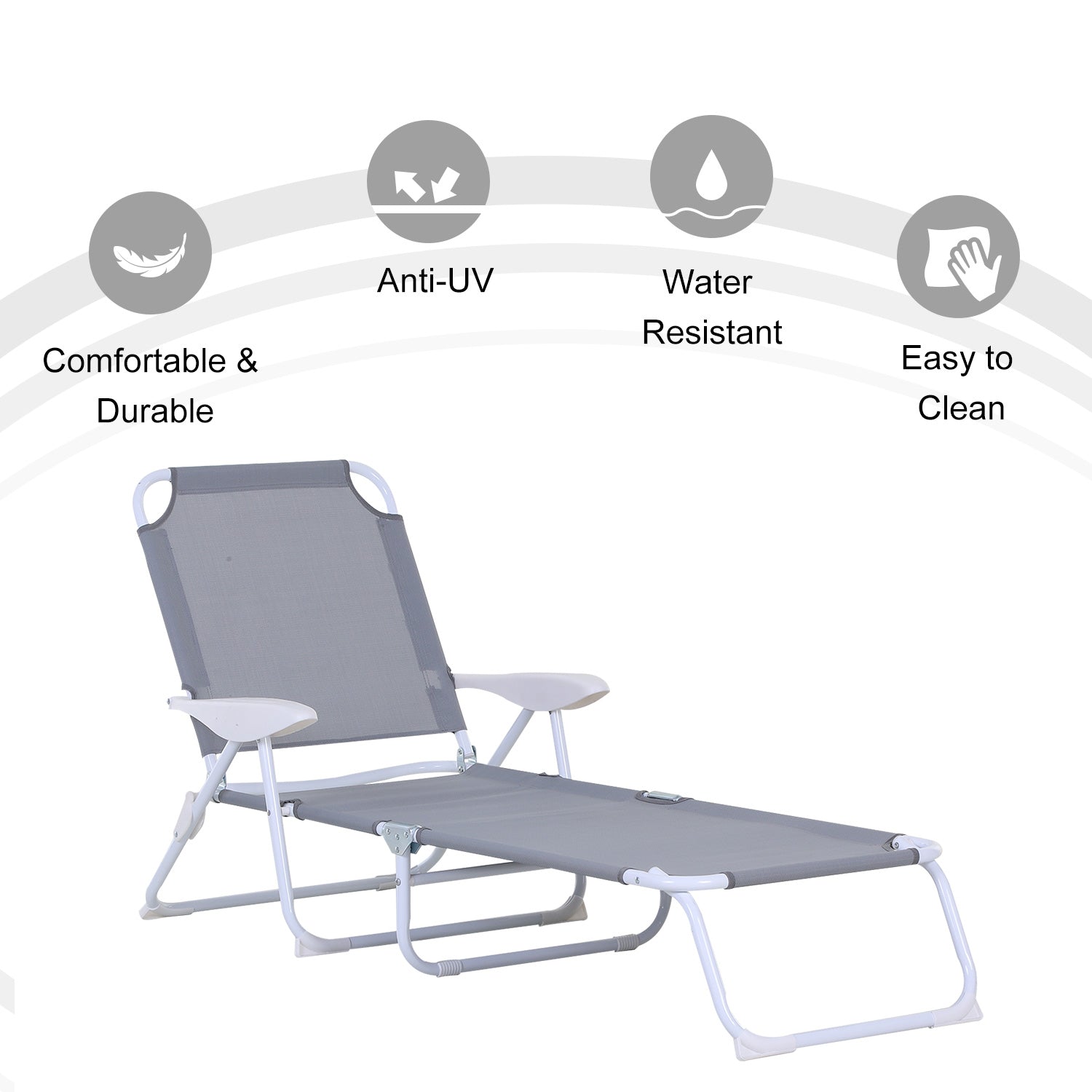 Outsunny Foldable Sun Lounger, Outdoor 4 Level Adjustable Backrest Reclining Lounge Chair with Armrests for Patio, Garden, Grey