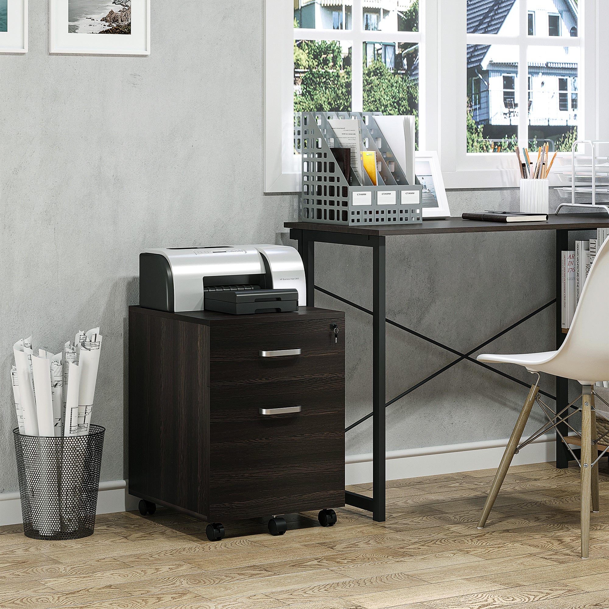Vinsetto 2-Drawer Locking Office Filing Cabinet w/ 5 Wheels Rolling Storage Hanging Legal Letter Files Cupboard Home Organisation Black Wood Grain - North Peak Garden Furniture