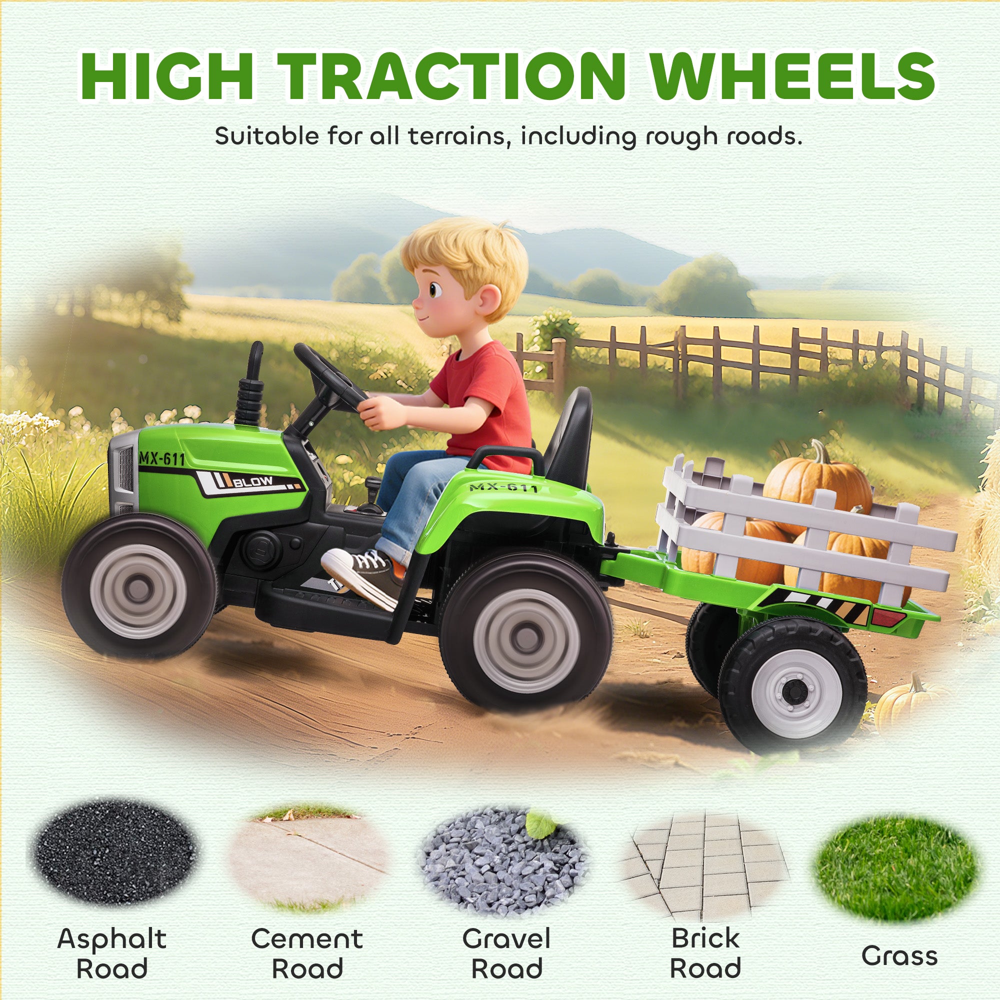 HOMCOM Ride On Tractor, Battery Powered Electric Car, with Detachable Trailer, Remote Control, Music - Green