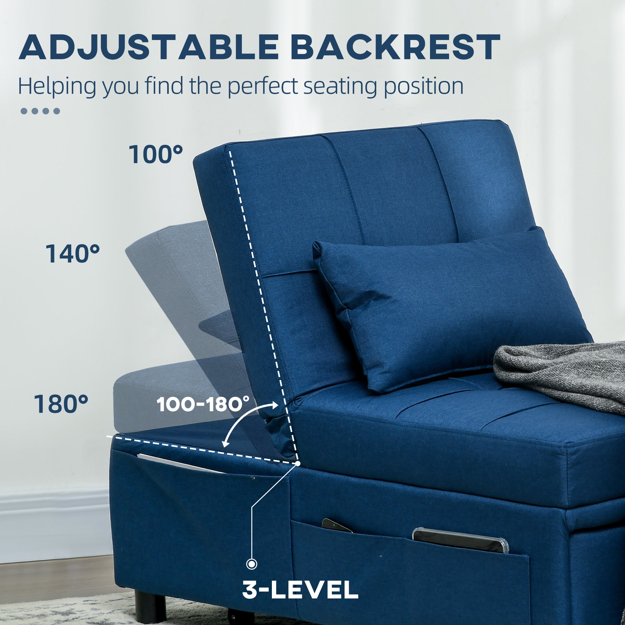 HOMCOM Convertible Chair Bed with Padding Seat, 4-in-1 Multi-Functional Sleeper Sofa Bed, Recliner with Adjustable Backrest, Side Pocket, Wheels and Pillow, for Living Room, Blue - North Peak Garden Furniture