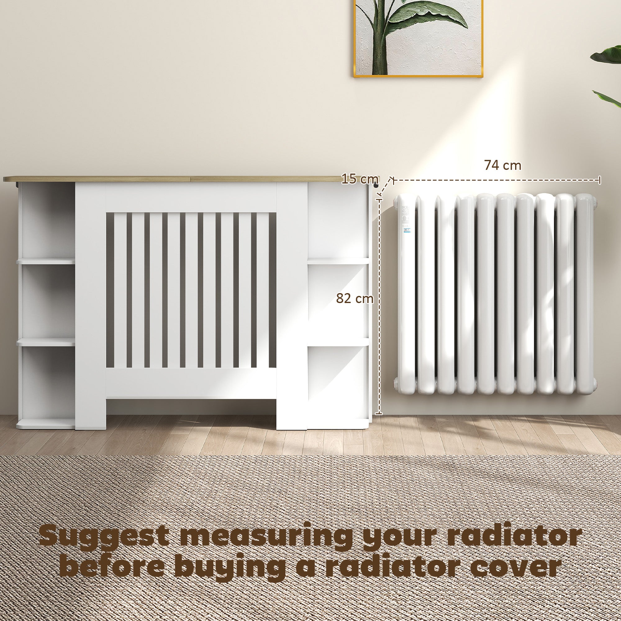 HOMCOM Radiator Cover with Open Storage Shelves, Vertical Slatted Cabinet Shelf Heater Cover for Living Room, Hallway, Medium, White (H: 83 / W: 124 / D: 19 cm)