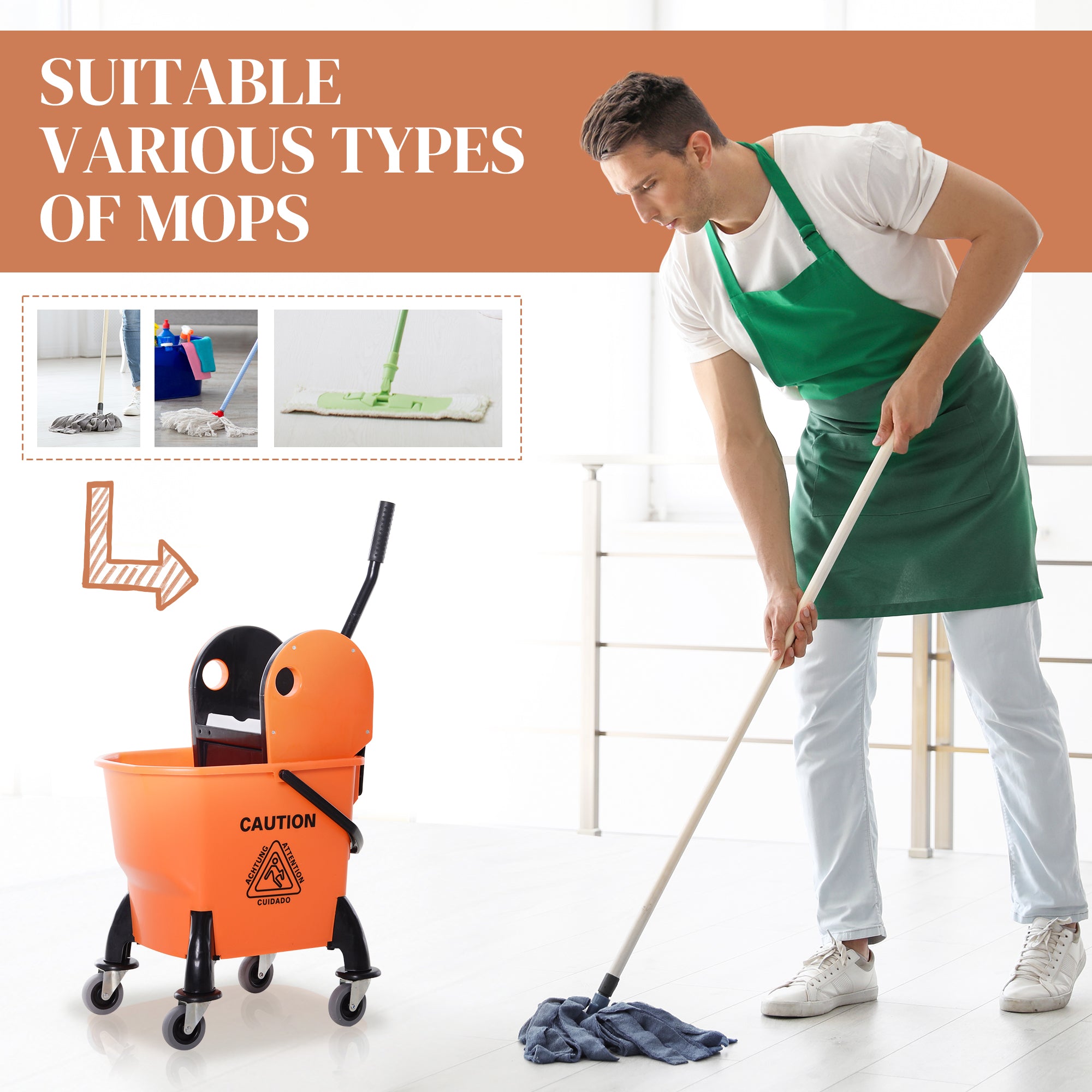 HOMCOM 25L Mop Bucket, with Wringer, Wheels and Handle - Orange - North Peak Garden Furniture