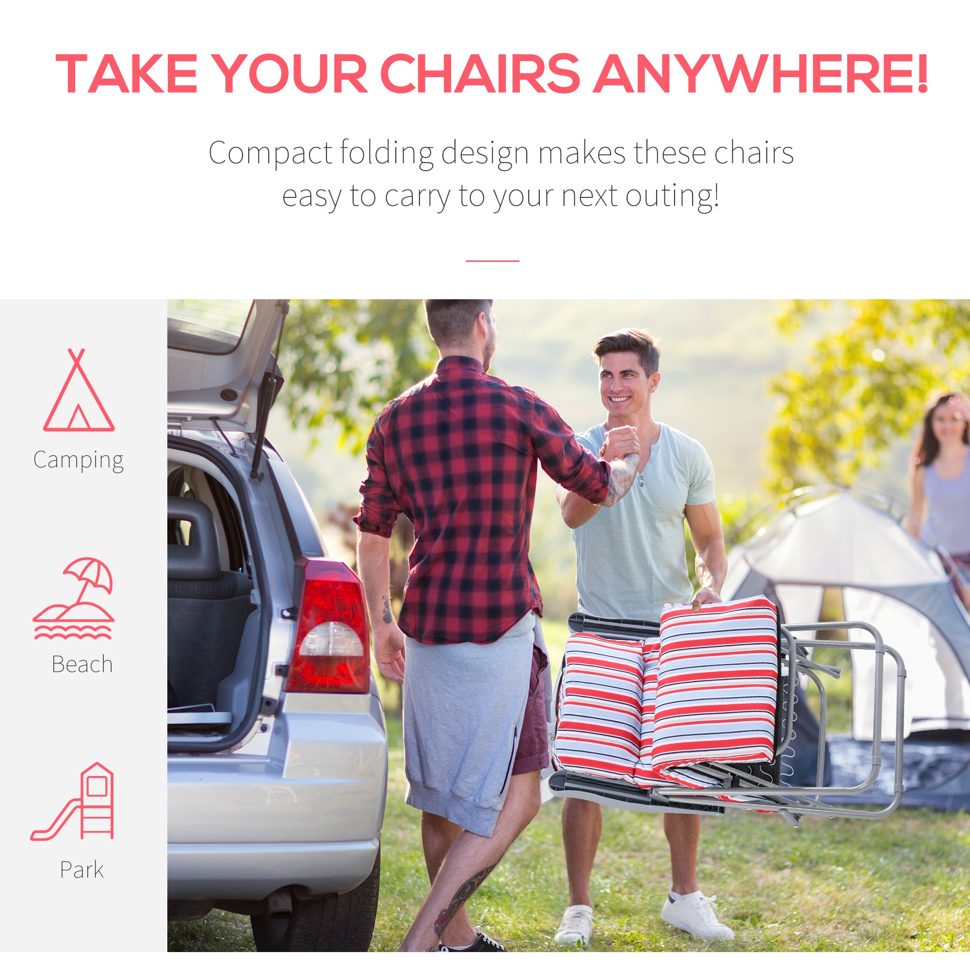 Outsunny Set of 2 Garden Sun Lounger Outdoor Reclining Seat Cushioned Seat Foldable Adjustable Recliner Red and White - North Peak Garden Furniture