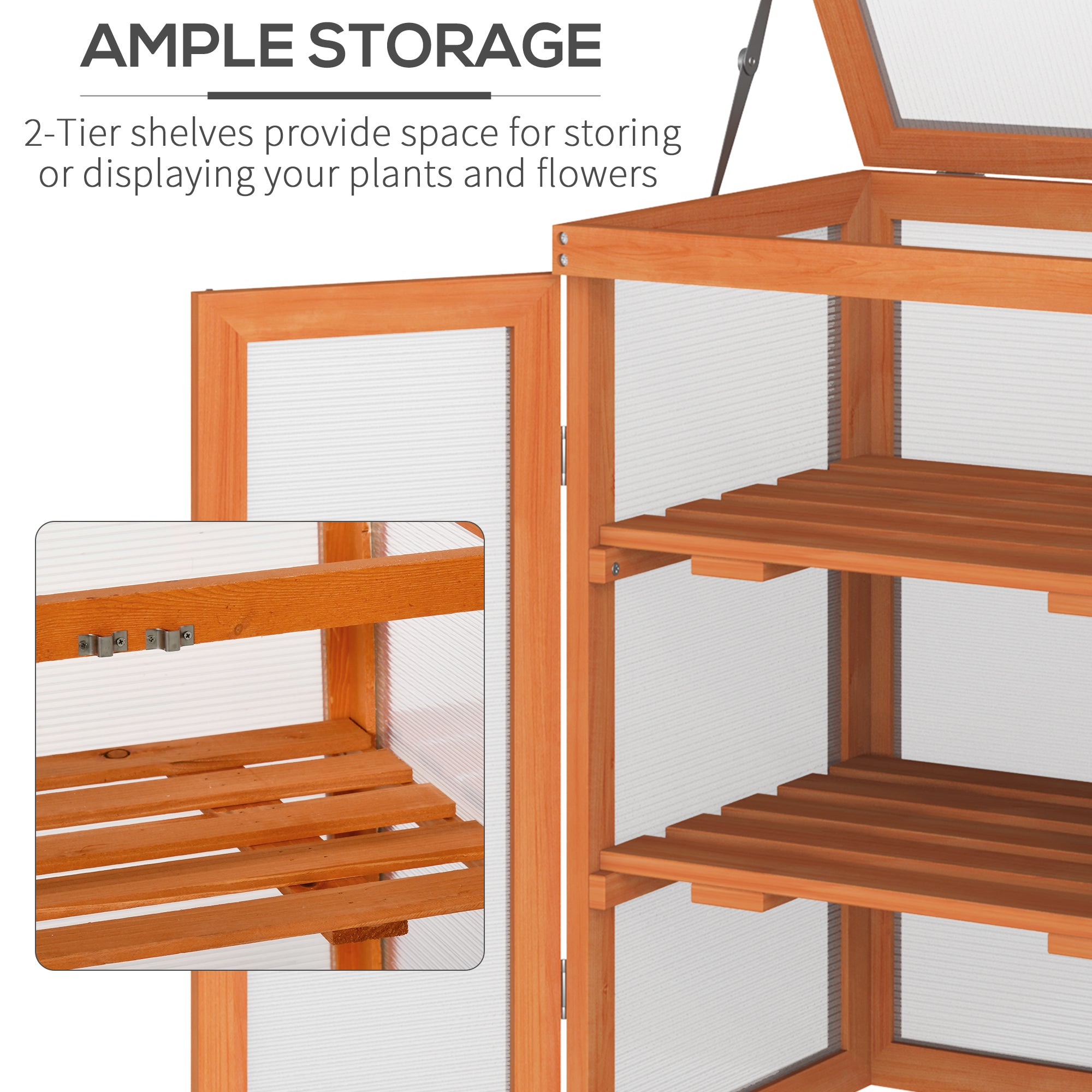 Outsunny 3-tier Wood Greenhouse Garden Polycarbonate Cold Frame Grow House w/ Storage Shelf for Plants, Flowers, Orange