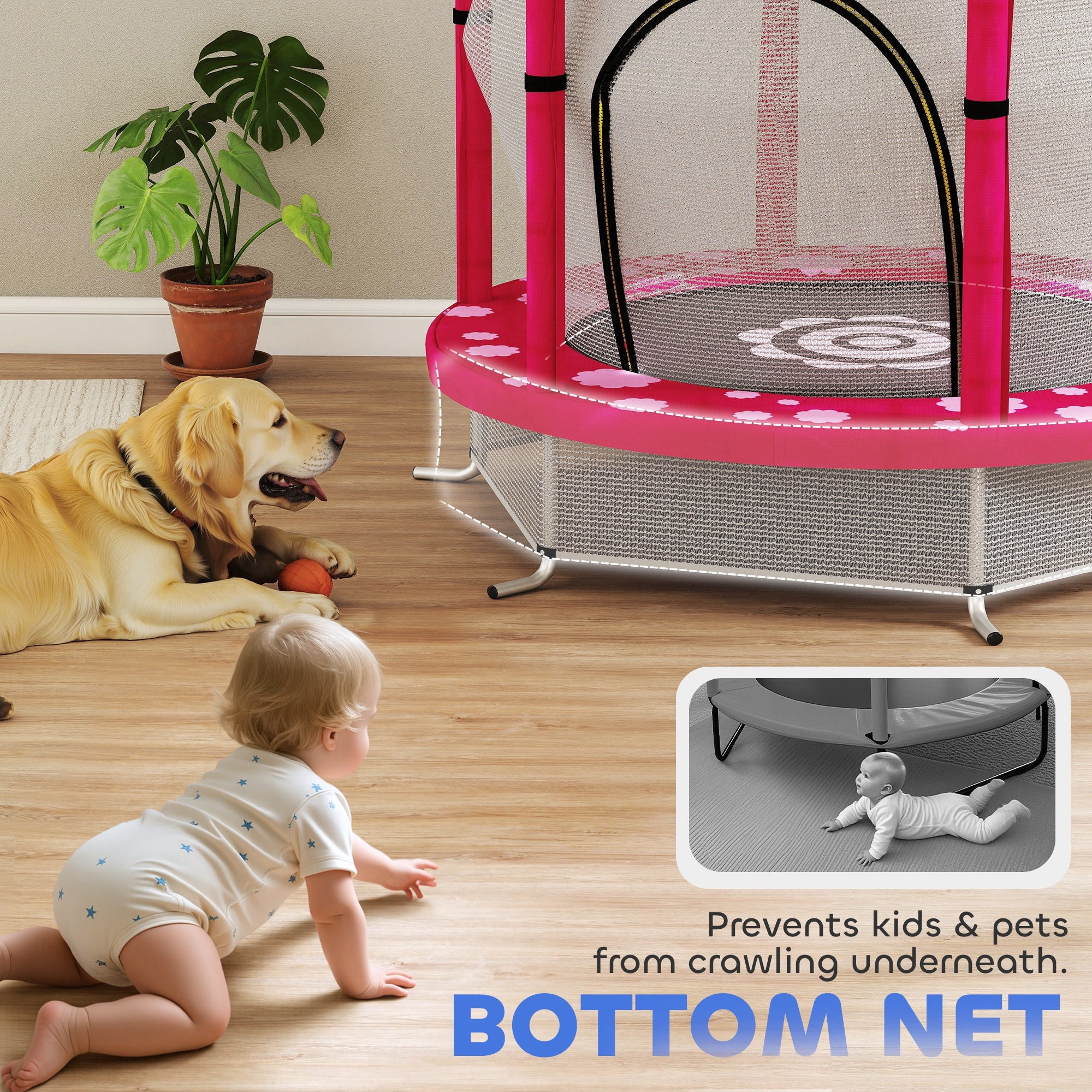AIYAPLAY 4.6FT Toddler Trampoline w/ Safety Enclosure Net, for Indoor Outdoor Use, Ages 3-6 Years, Sun Pattern - Pink