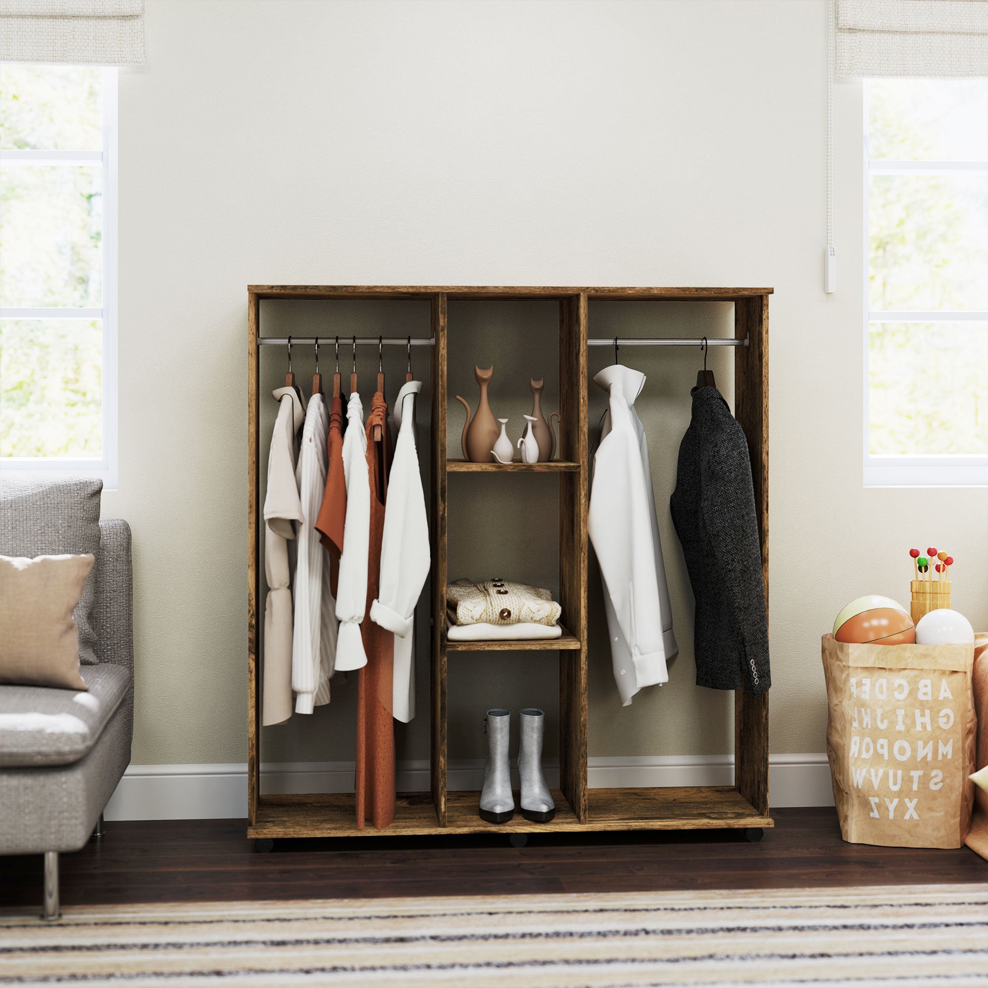 HOMCOM Open Wardrobe Double Mobile Storage Shelves Organizer W/6 Wheels-Rustic Brown - North Peak Garden Furniture