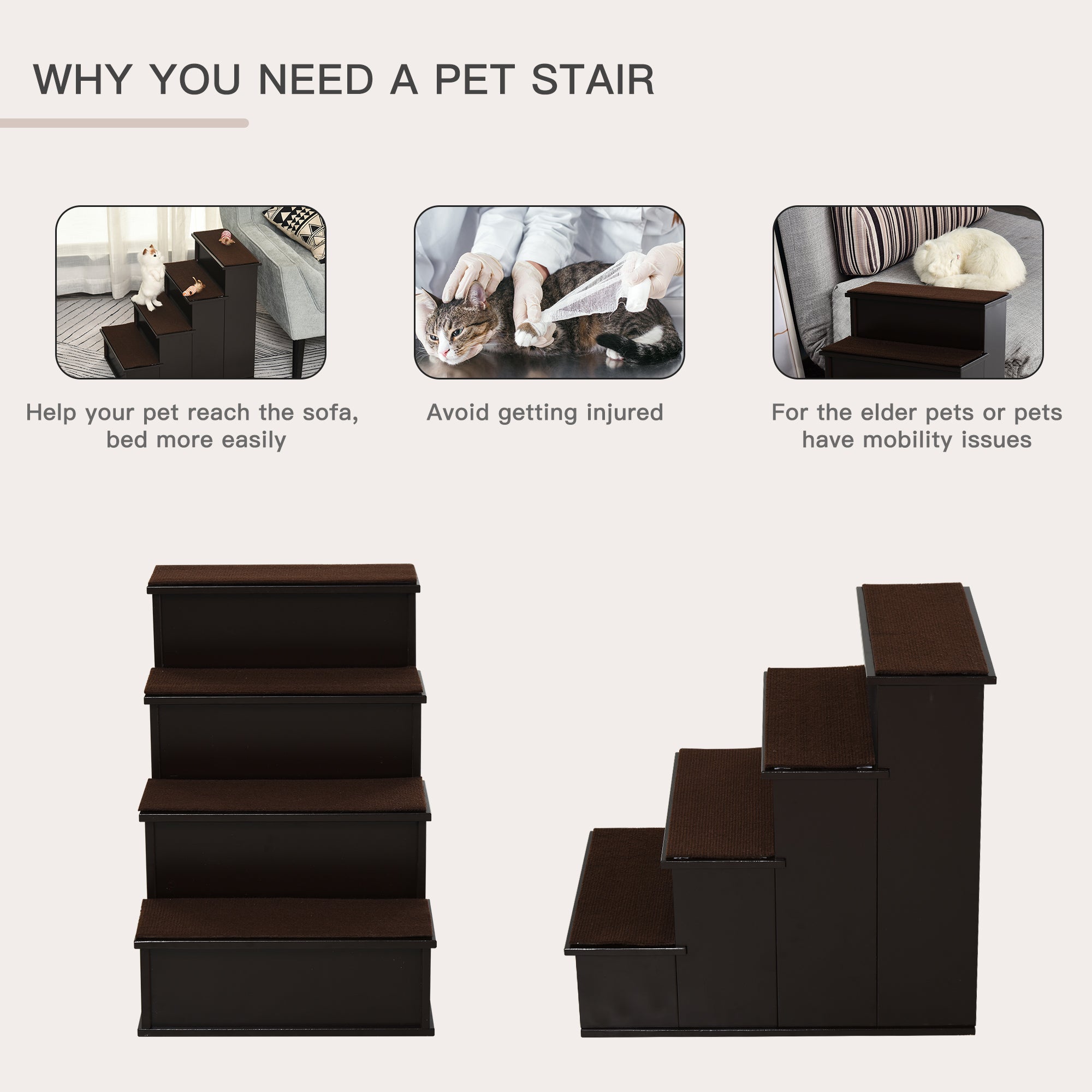 PawHut 4 Step Wooden Dog Steps Pet Stairs for Dogs, Cat Ladder for Bed Couch with Non-Slip Carpet 40 x 59 x 54.2 cm, Dark brown - North Peak Garden Furniture