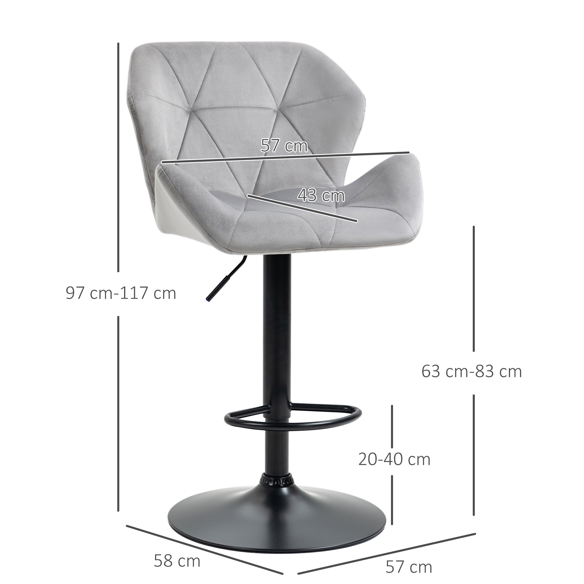 HOMCOM Bar Stools Set Of 2, Luxurious Velvet-Touch Barstools with Metal Frame Footrest Round Base Triangle Indenting Moulded Seat Adjustable Height Swivel Grey - North Peak Garden Furniture