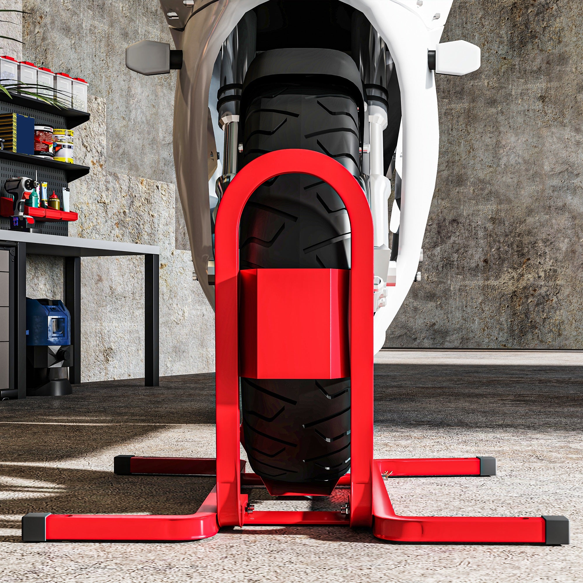 HOMCOM Metal Motorcycle Motorbike Wheel Chock Locking Stand System 17", 19", 21"/43, 48, 51 cm Front Wheels Steel Adjustable Fixing Tyre Holder Support