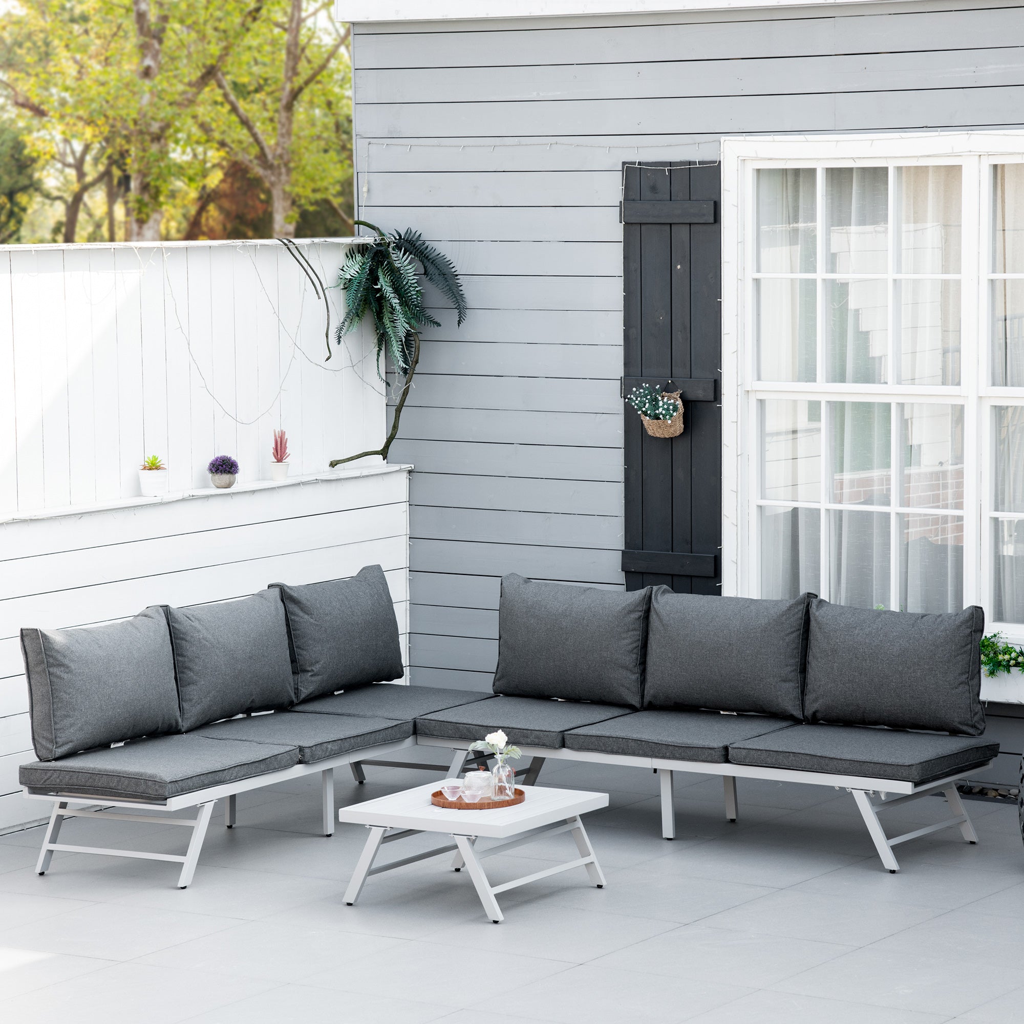 Outsunny 3 Pieces Garden Furniture Sets, 6 Seater Corner Sofa Set with Adjustable Backrest Chase Lounge with Slatted Metal Top Table, Padded Cushion, Grey - North Peak Garden Furniture