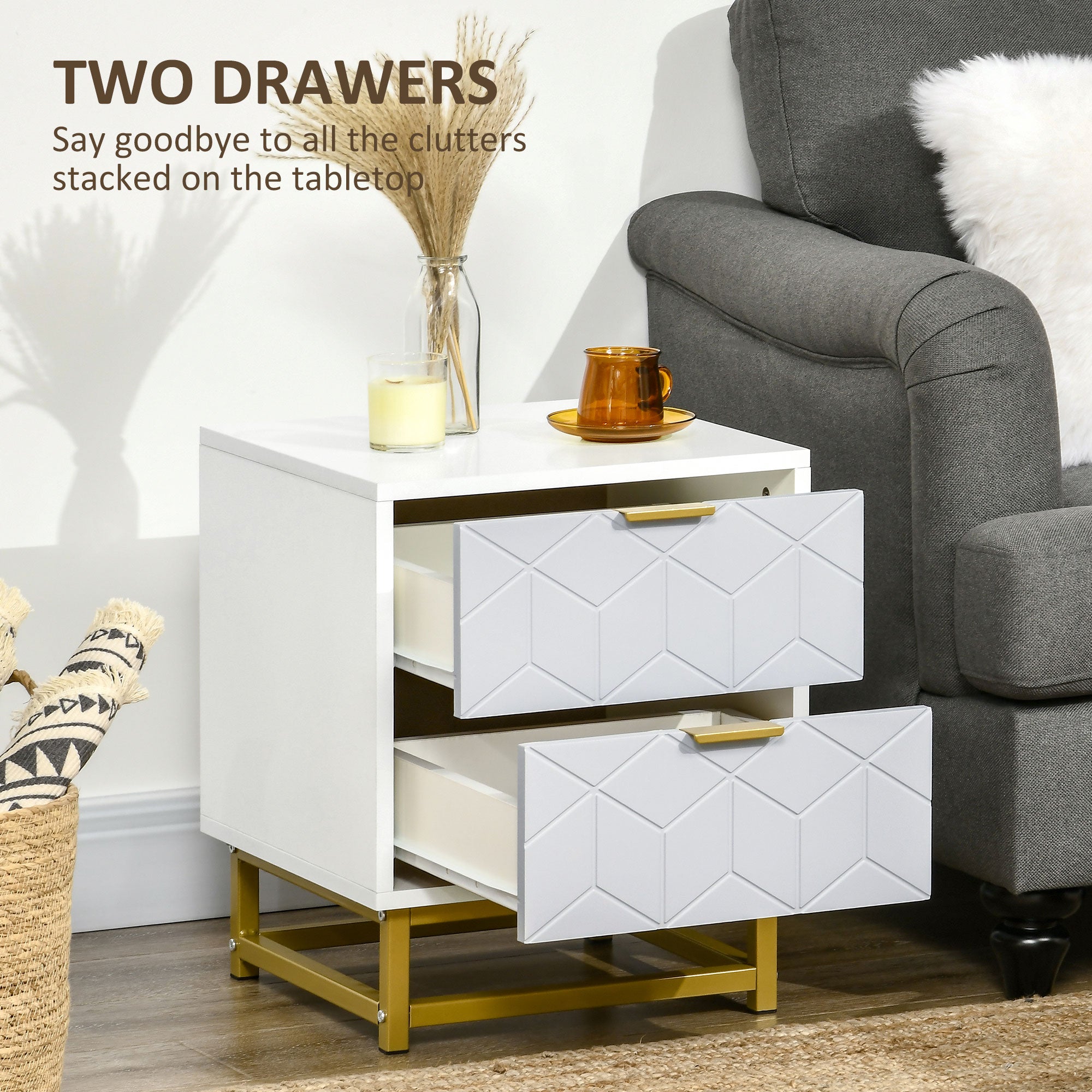 HOMCOM Bedside Table with 2 Drawers, Side Table, Bedside Cabinet with Steel Frame for Living Room, Bedroom, Set of 2, Grey and White - North Peak Garden Furniture