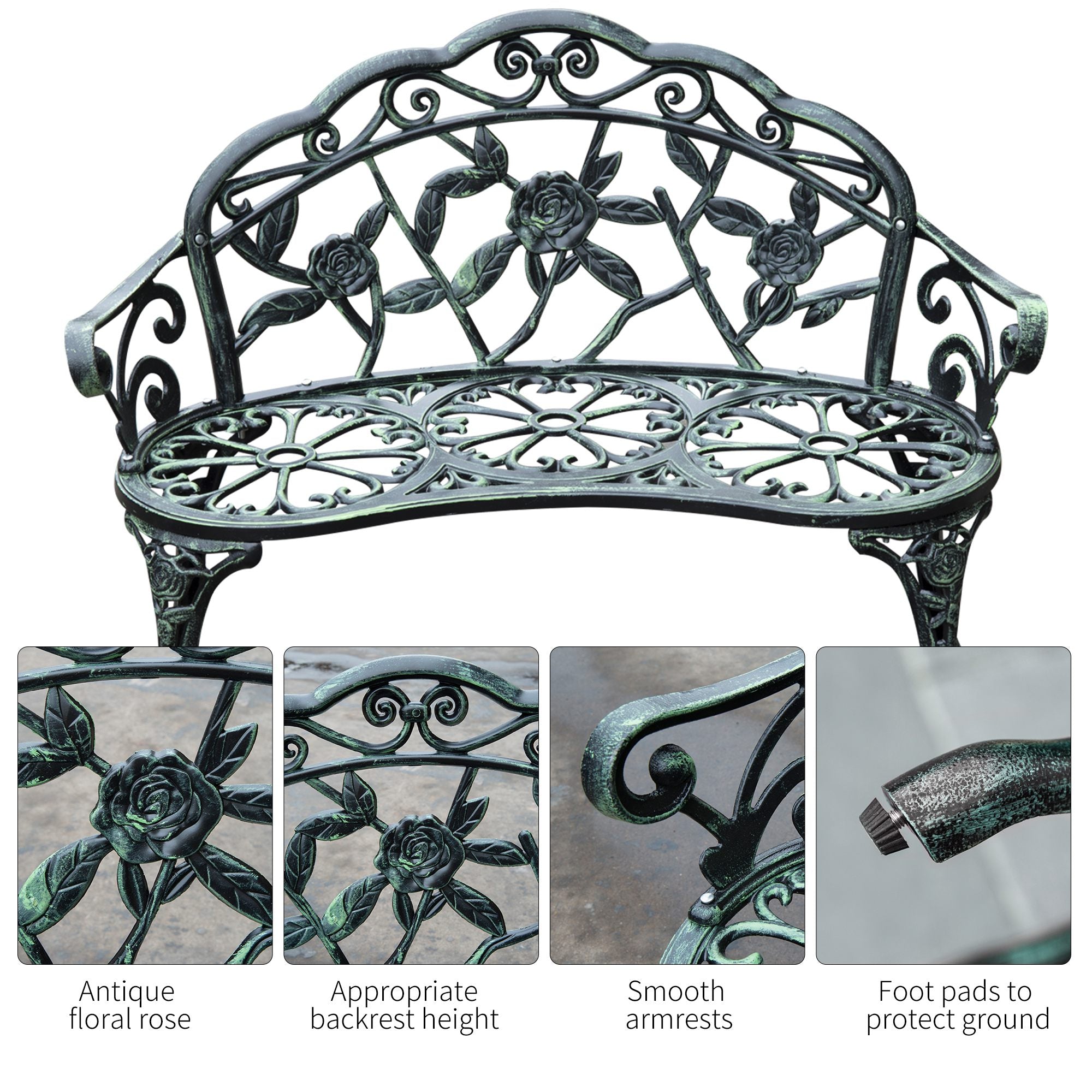 Outsunny Cast Aluminium Outdoor Garden Patio Antique Rose Style Bench Porch Park Chair Seater - Green