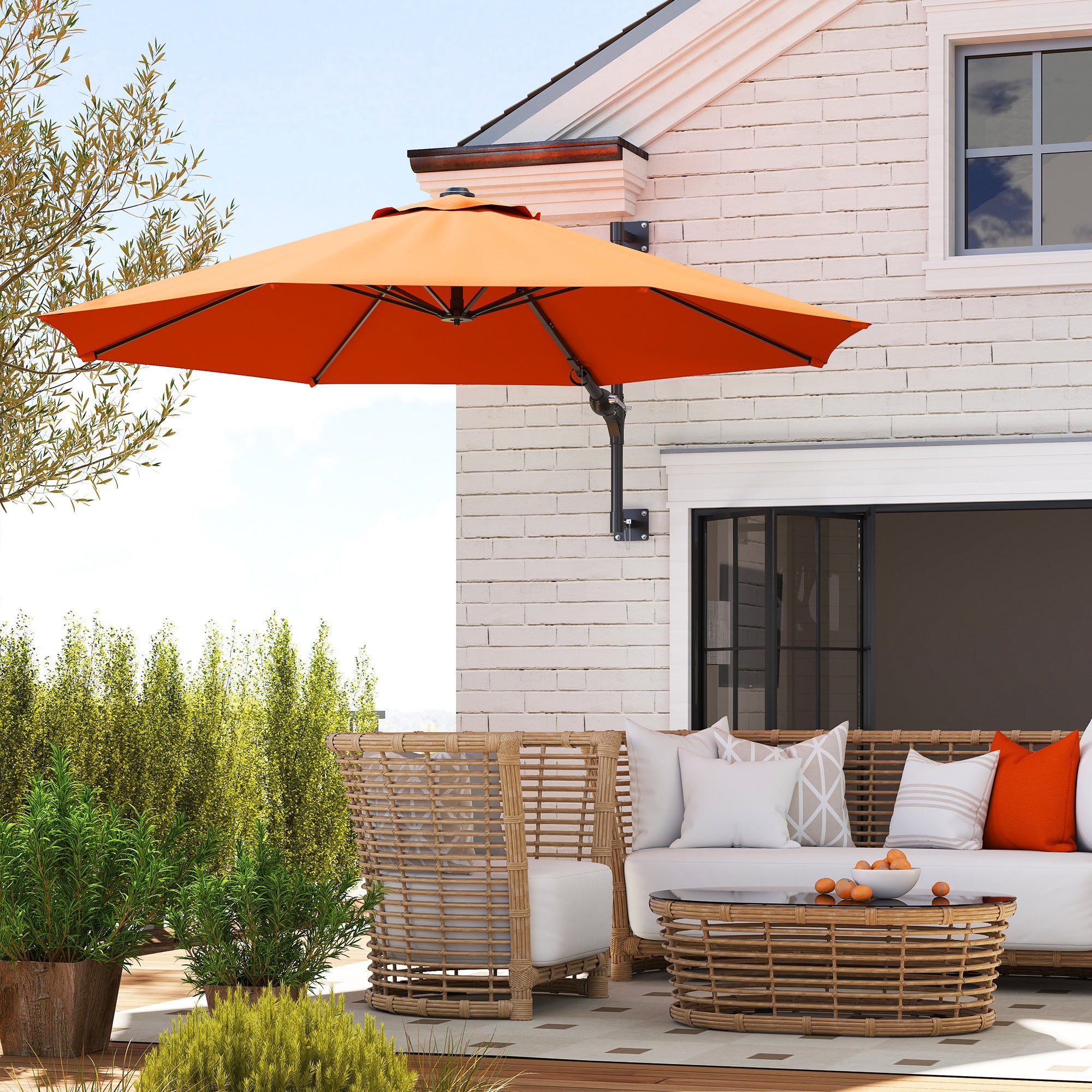 Outsunny 3(m) Wall-Mounted Parasol Shade, with Handle - Orange - North Peak Garden Furniture