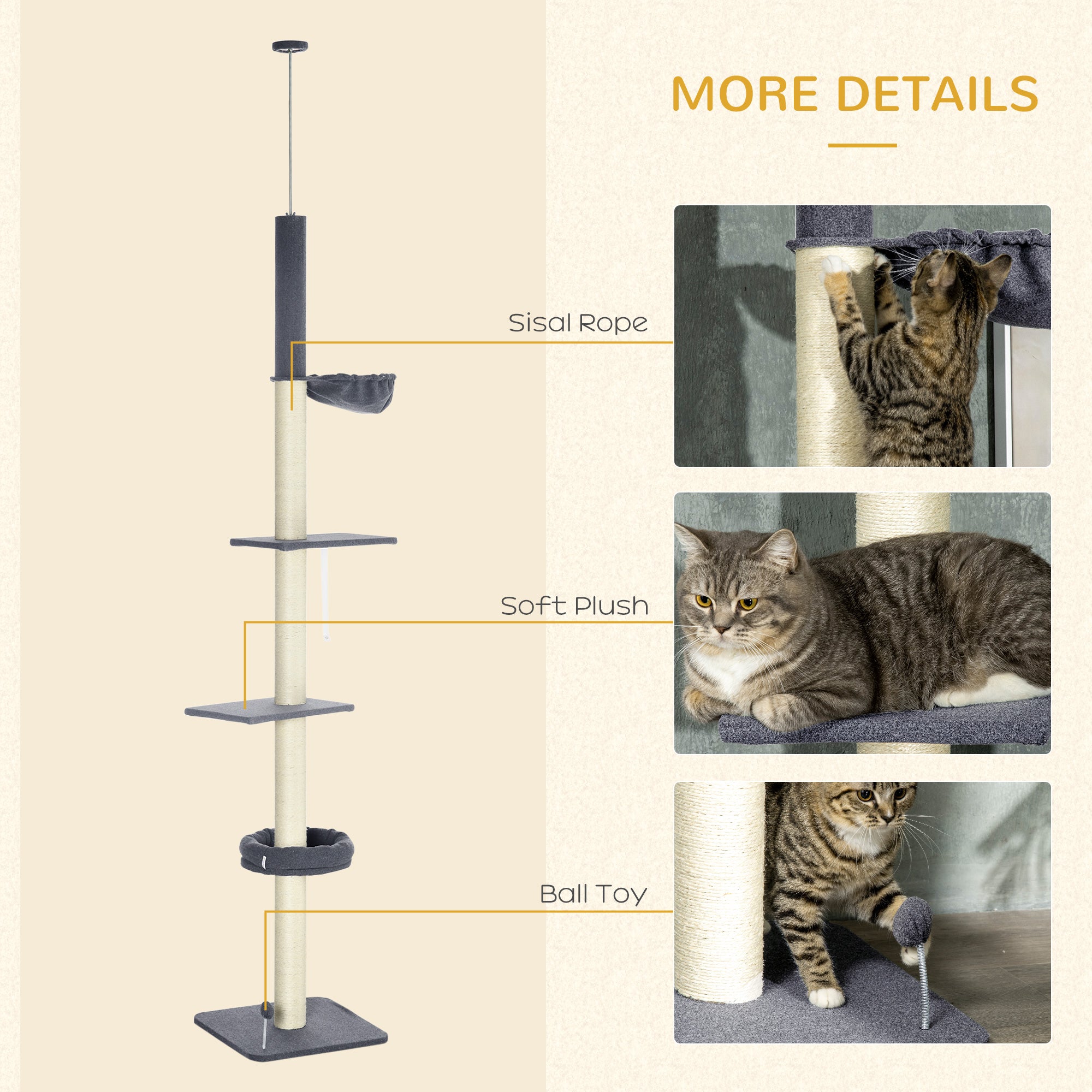 PawHut 240-270cm Floor-To-Ceiling Cat Tree, 5 Tier Cat Climbing Tower, with Bed, Hammock, Platforms, Black and Cream