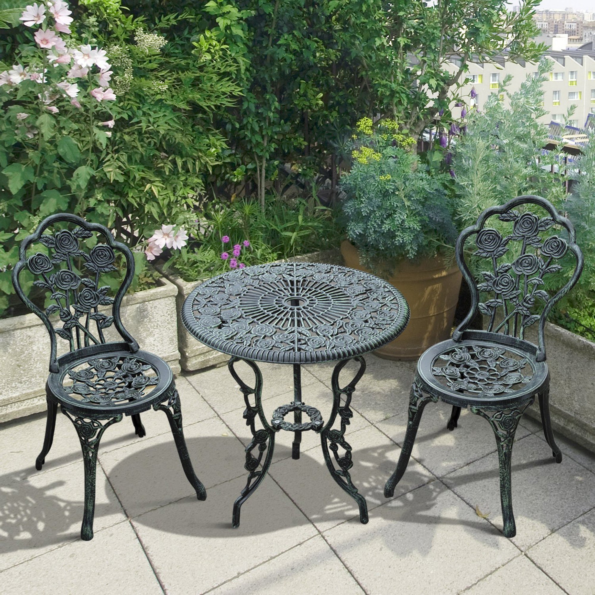 Outsunny Cast Aluminium Outdoor Patio Garden Bistro Elegant Design Table Chair Set - Green (3-Piece) - North Peak Garden Furniture