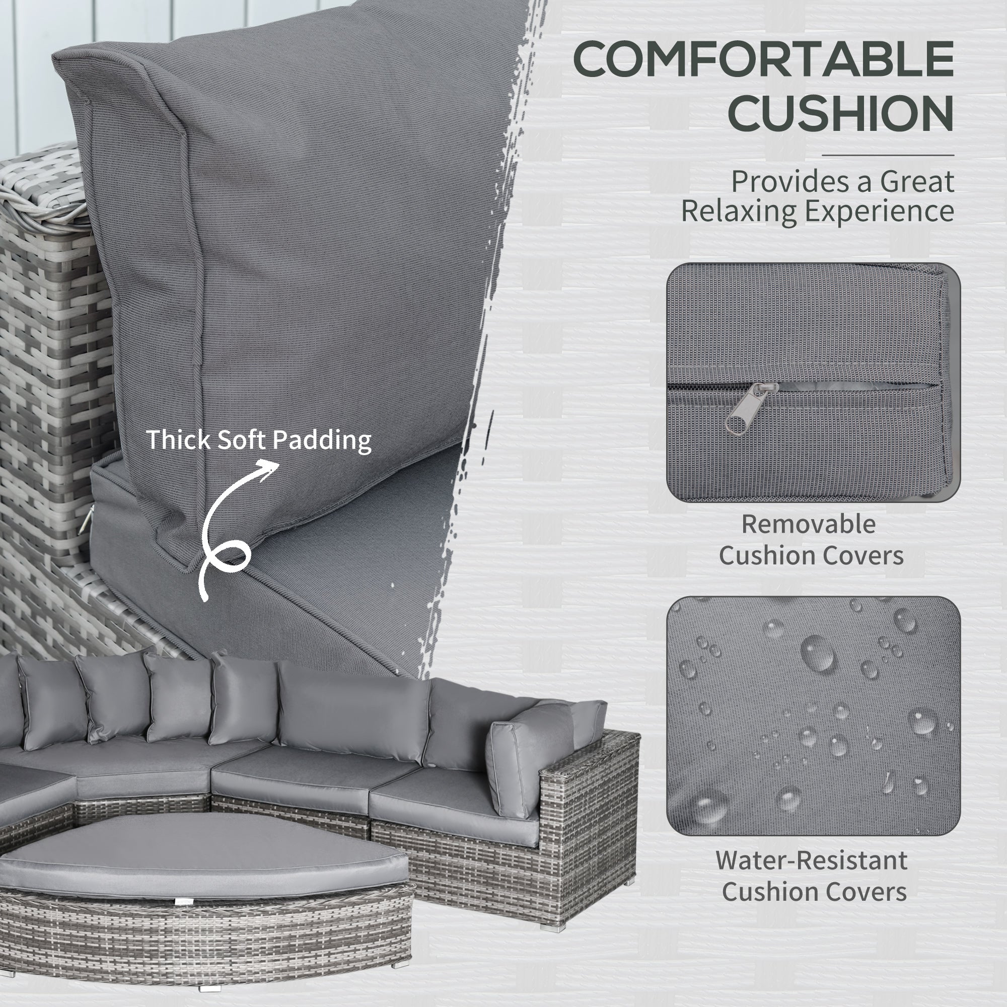 Outsunny 6-Seater Outdoor Rattan Wicker Sofa Set Half Round Patio Conversation Furniture Set w/ Cushions Grey | Aosom UK