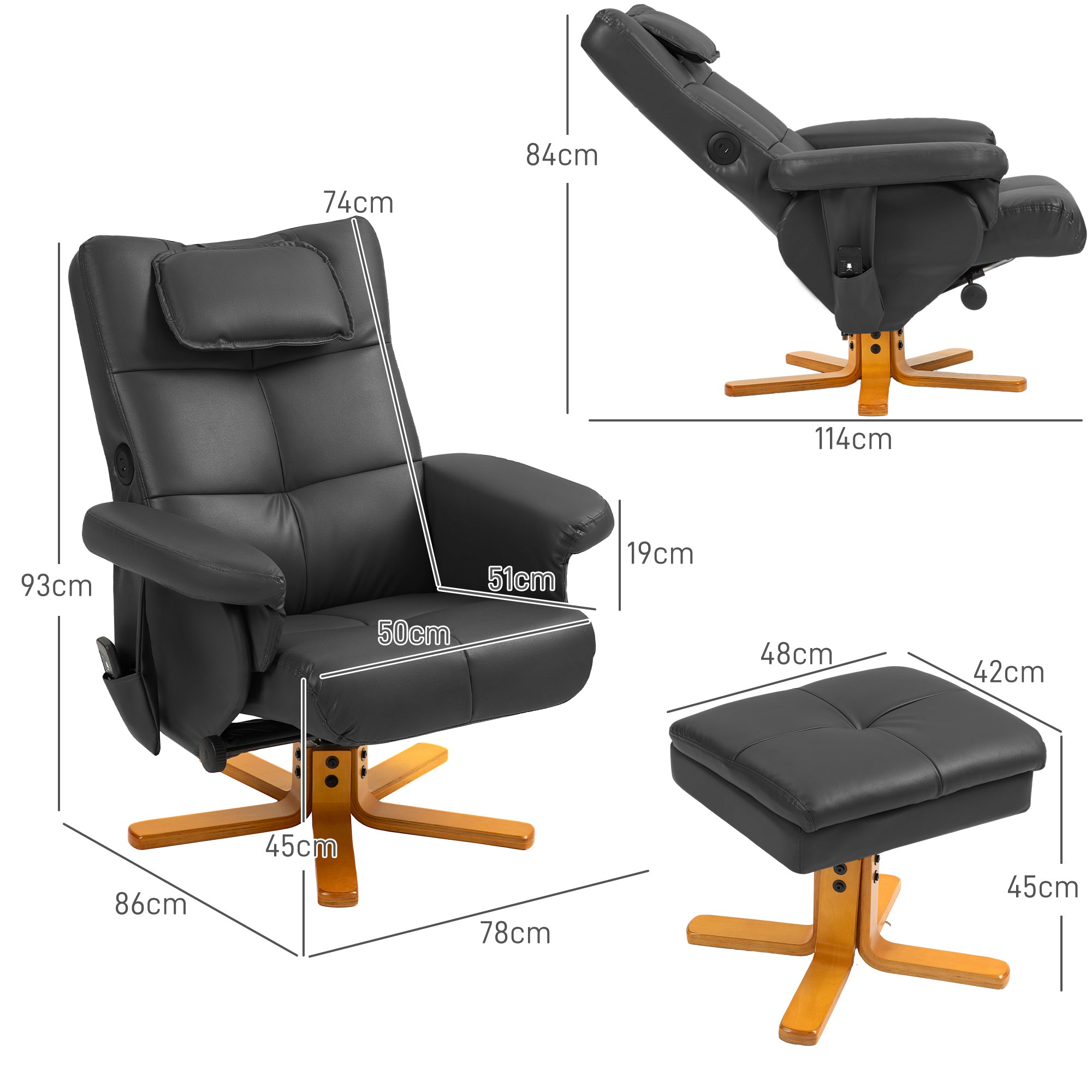 HOMCOM Faux Leather Massage Recliner Chair, with Storage Ottoman - Black - North Peak Garden Furniture