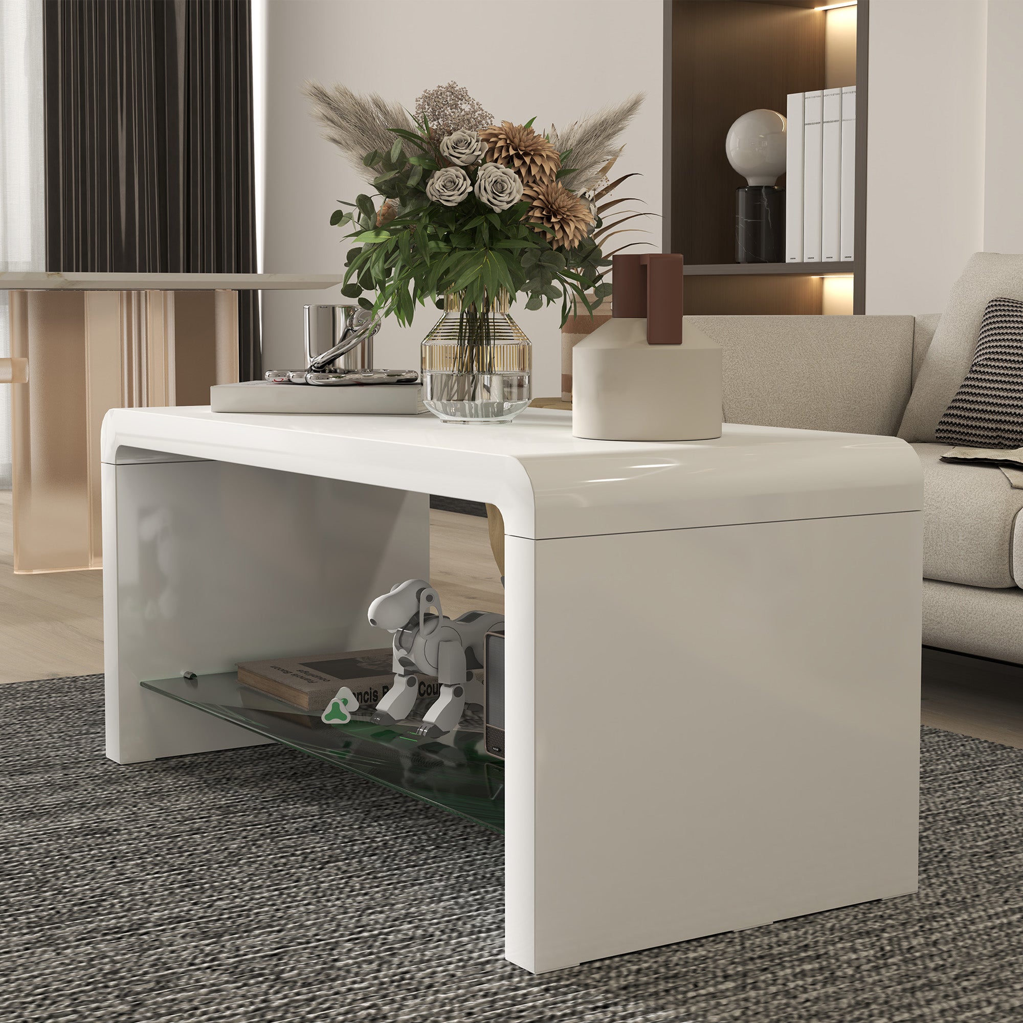 HOMCOM Curved Two-Tier Coffee Table - High Gloss White - North Peak Garden Furniture
