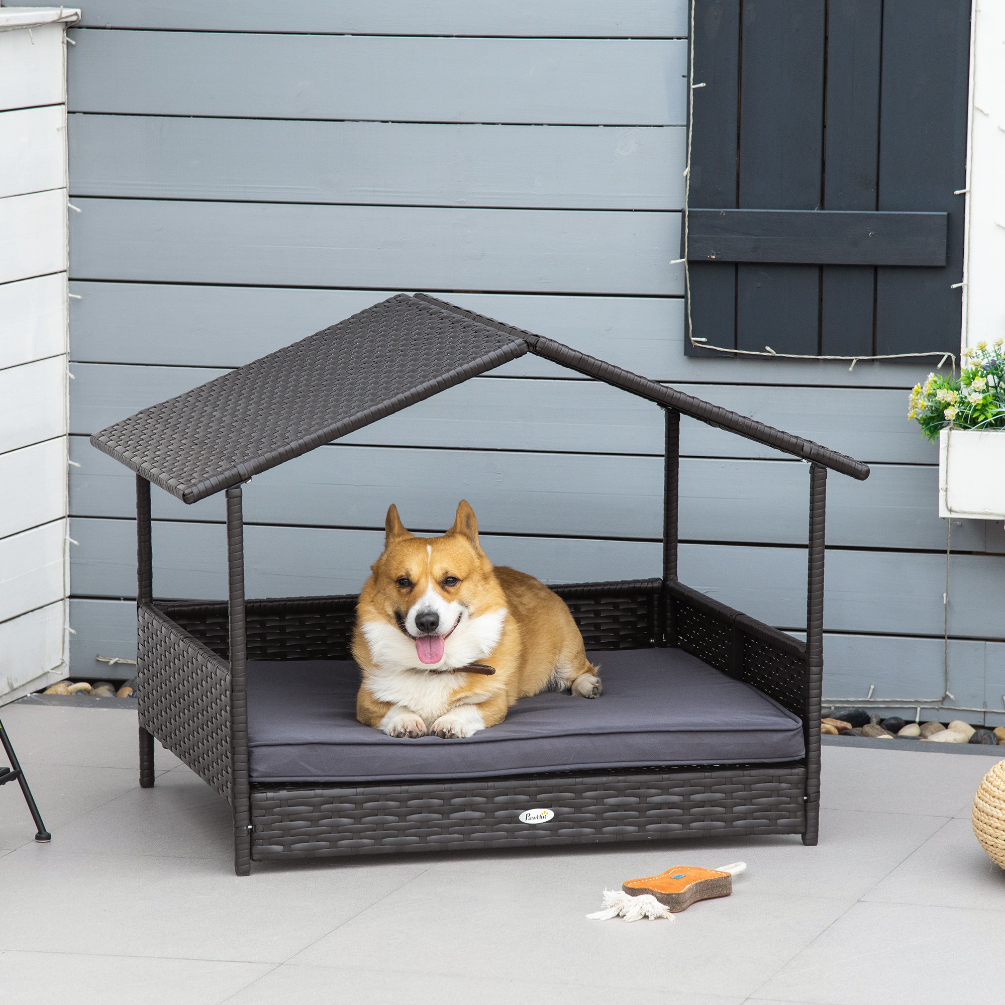 PawHut Wicker Dog Bed, Elevated Rattan Dog House with Removable Cushion and Canopy, for Small and Medium Dogs, 98 x 69 x 70cm - Grey - North Peak Garden Furniture