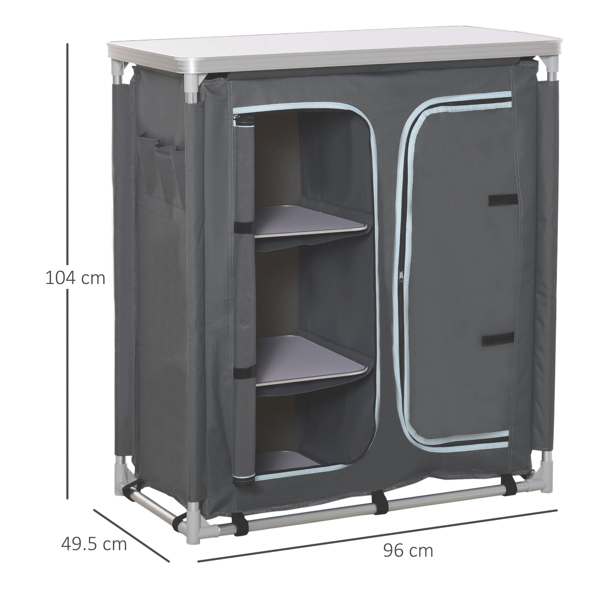 Outsunny Aluminum Camping Cupboard, Camping Kitchen Station Cook Table with 3-Shelf, Storage Organiser for BBQ Party Picnic - North Peak Garden Furniture