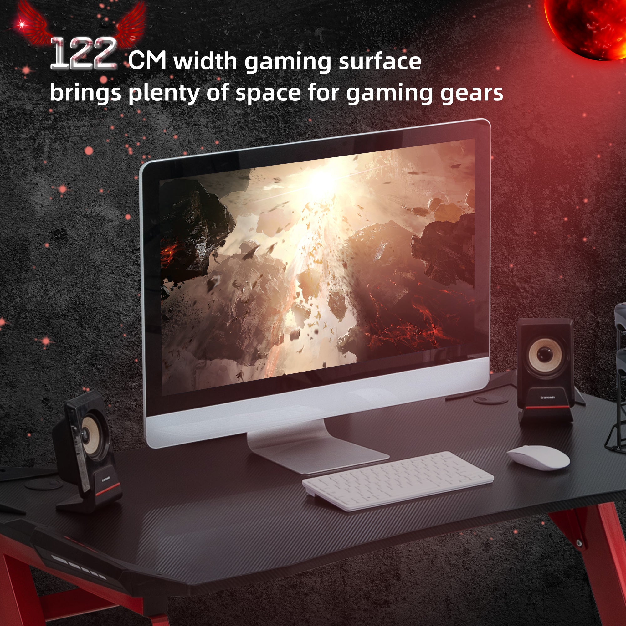 HOMCOM 122 x 66 cm Gaming Desk, Carbon Fibre Covered Computer Desk, Gamer Workstation with Headphone Hook, Cup Holder and Gamepad Storage Rack, Black and Red - North Peak Garden Furniture
