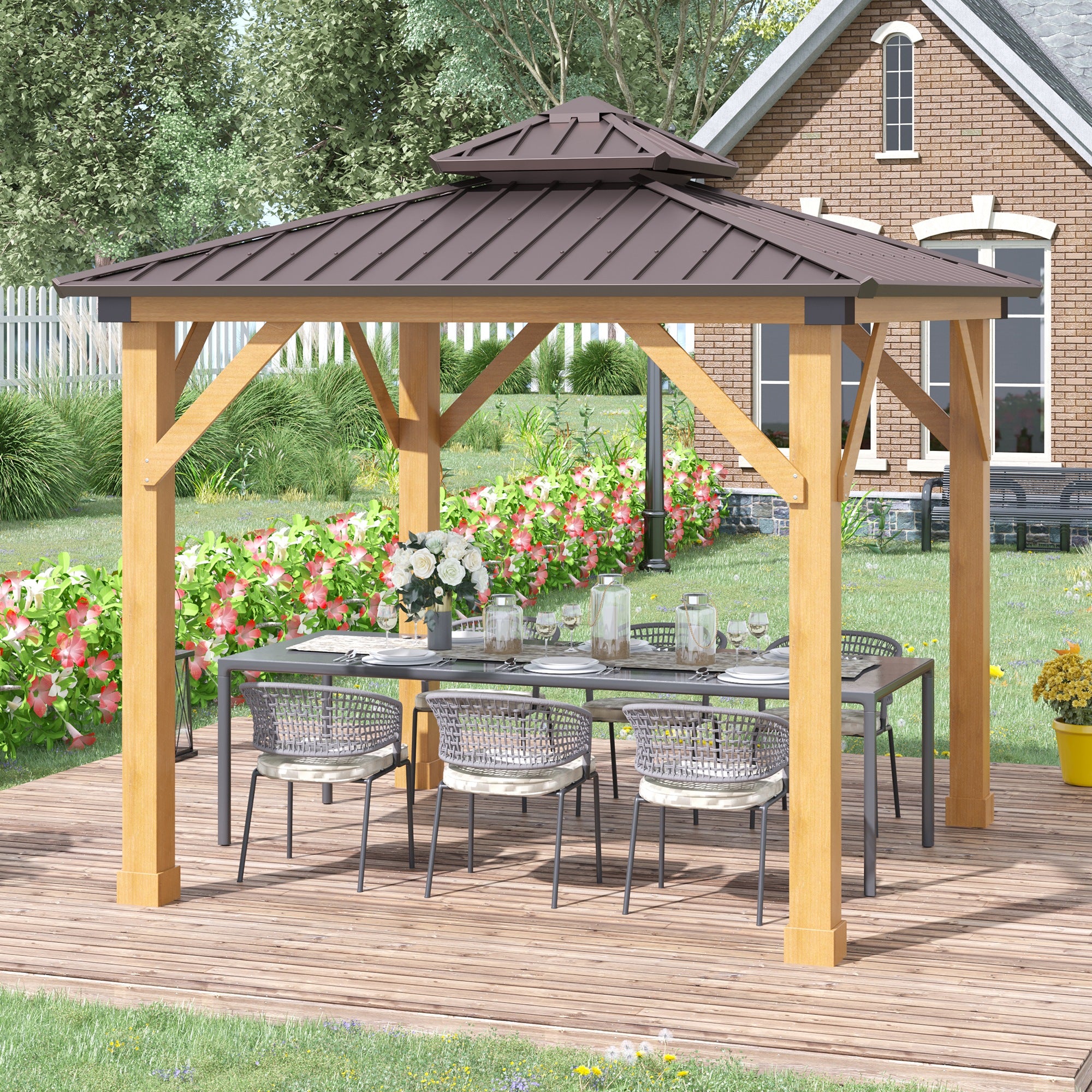 Outsunny 3x(3)M Outdoor Hardtop Gazebo Canopy with 2-Tier Roof and Solid Wood Frame, Outdoor Patio Shelter for Patio, Garden, Brown - North Peak Garden Furniture