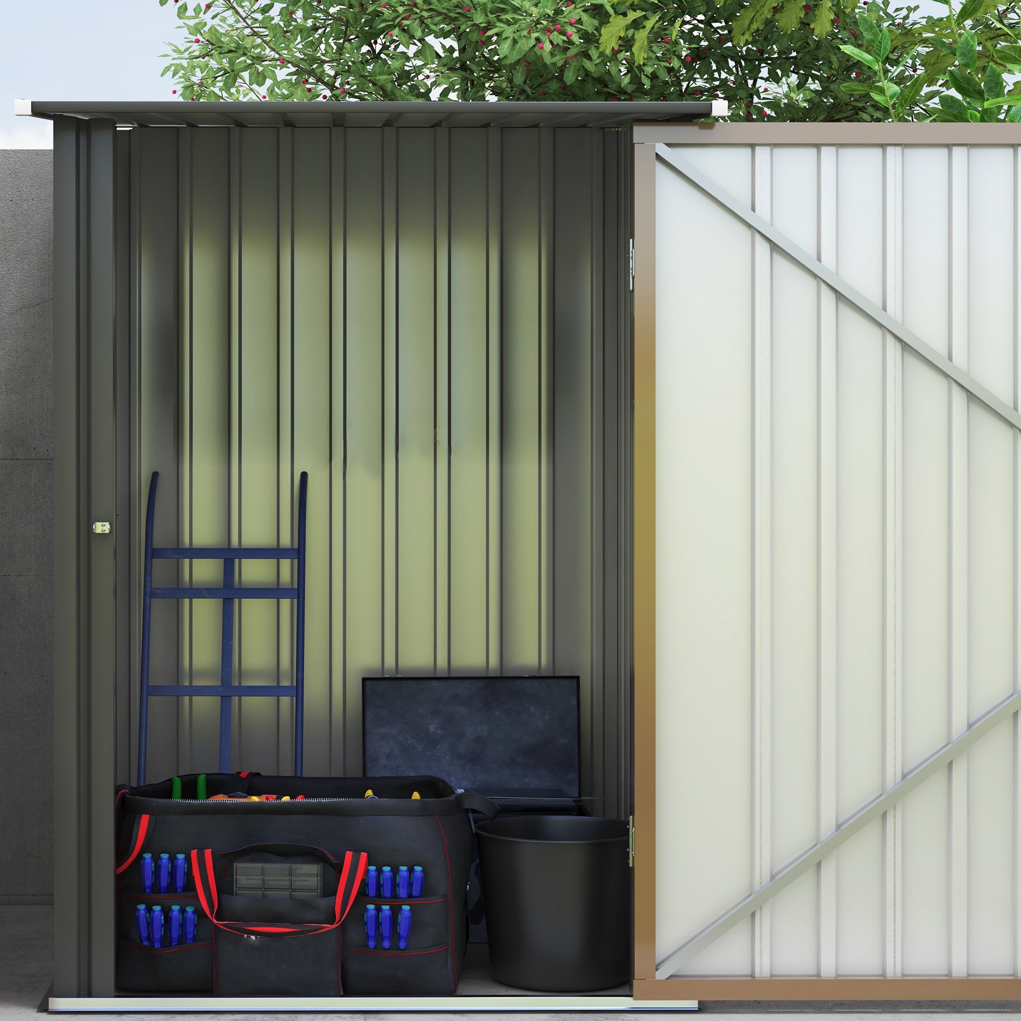 Outsunny 3.3 x 3.4ft Lean To Steel Garden Shed, with Locking Door - Brown/Grey - North Peak Garden Furniture