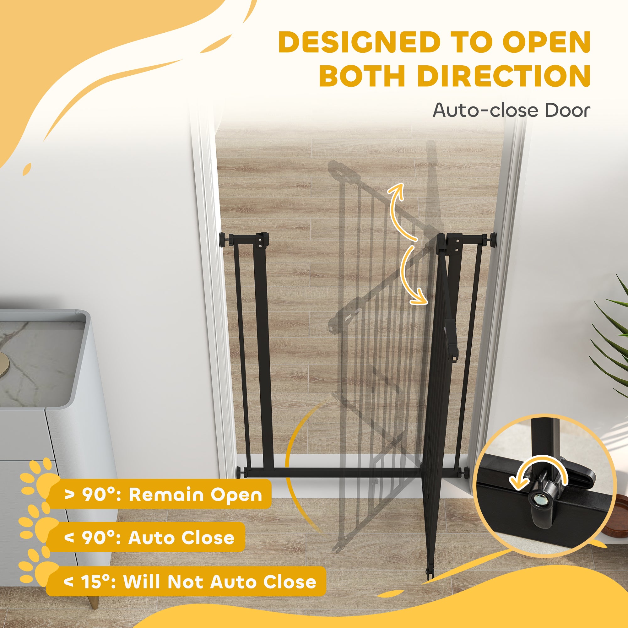 PawHut Extra Tall Pet Gate, Indoor Dog Safety Gate, with Cat Flap, Auto Close, 74-80cm Wide - Black