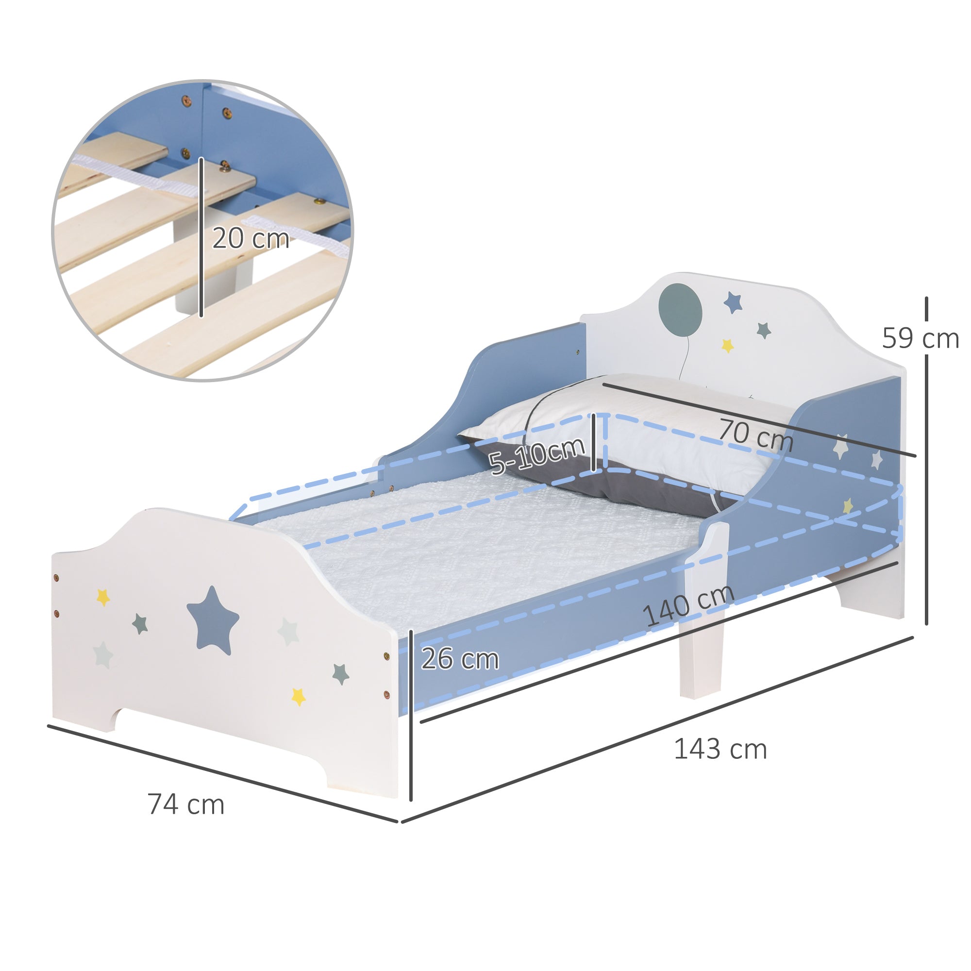 HOMCOM Toddler Bed Frame, Kids Bedroom Furniture for Boys Girls with Safe Guardrails, Low Junior Blue - North Peak Garden Furniture