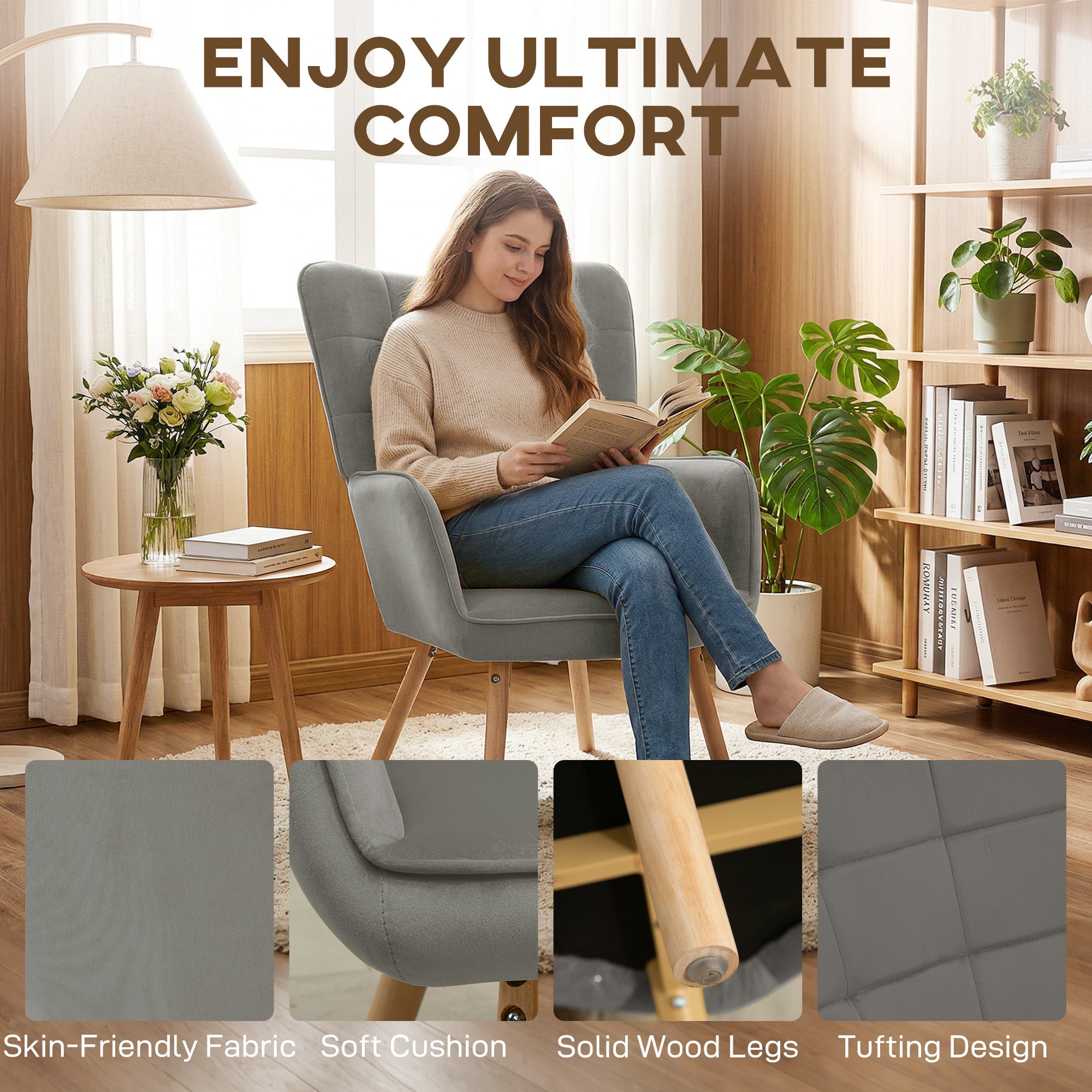 HOMCOM Modern Accent Chair Velvet-Touch Tufted Wingback Armchair Upholstered Leisure Lounge Sofa Club Chair with Wood Legs, Grey
