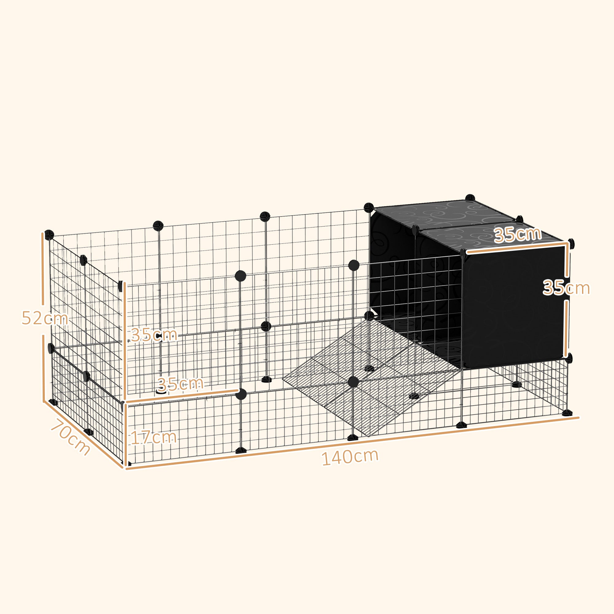 PawHut DIY Small Animal Cage with Elevated Huts, C&C Cage for Guinea Pigs, Hedgehogs, Rabbits, 31 Panels, Black - North Peak Garden Furniture