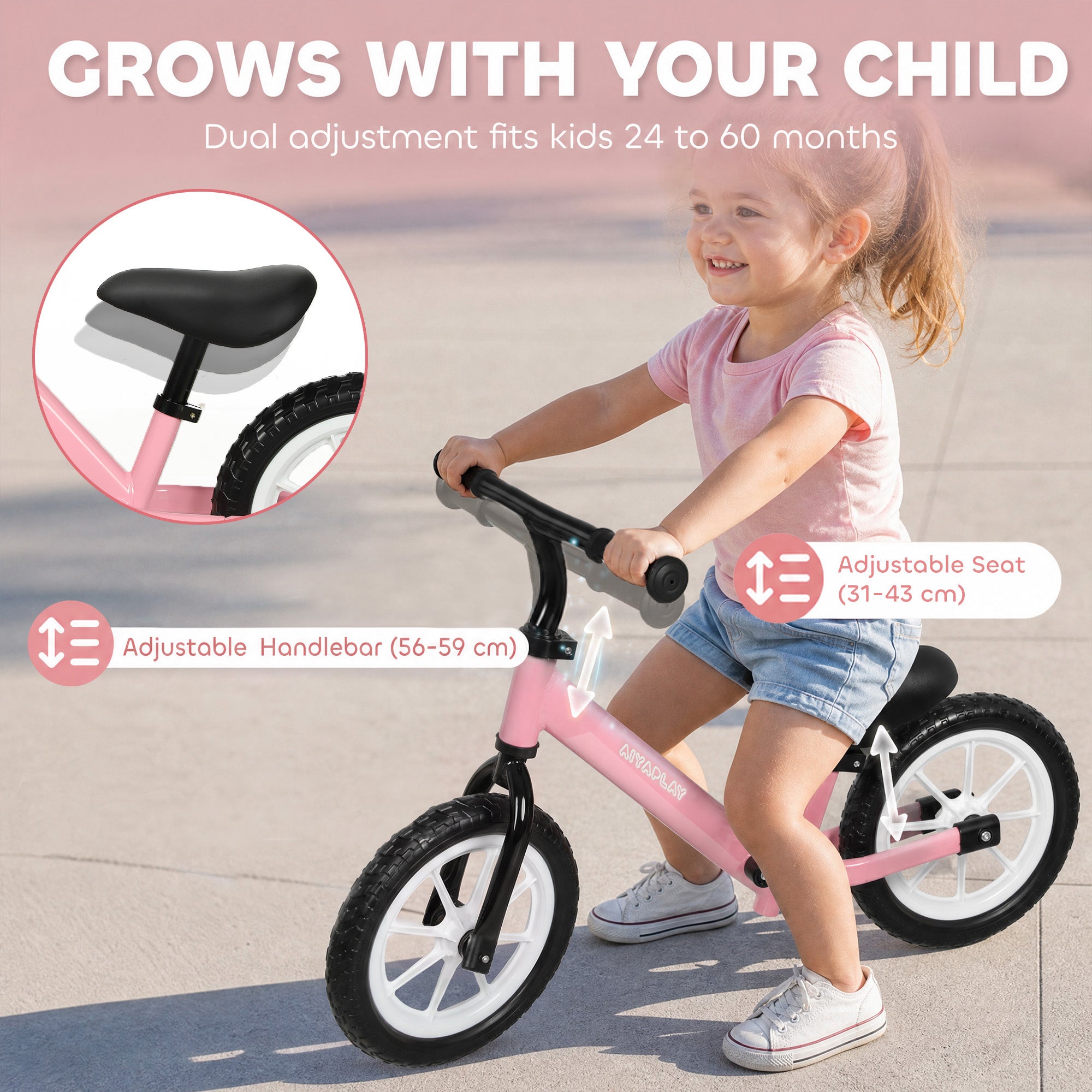 AIYAPLAY 11.2" Balance Bike for 2-5 Years, Toddler Bike with Lighting Wheels, Adjustable Seat & Handlebar, 360° Steering, Pink