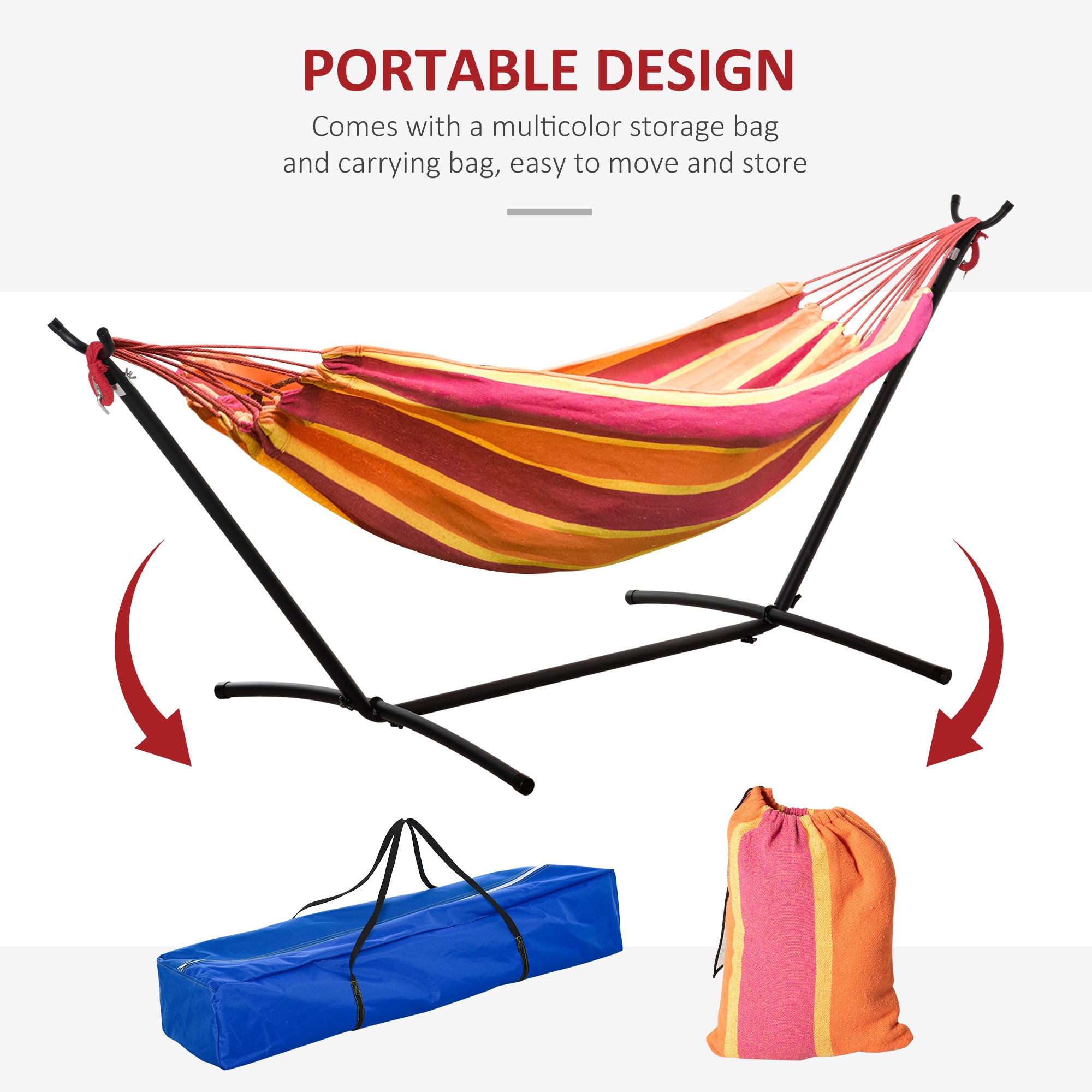 Outsunny 298 x 117cm Hammock with Stand Camping Hammock with Portable Carrying Bag, Adjustable Height, 120kg Load Capacity, Red Stripe