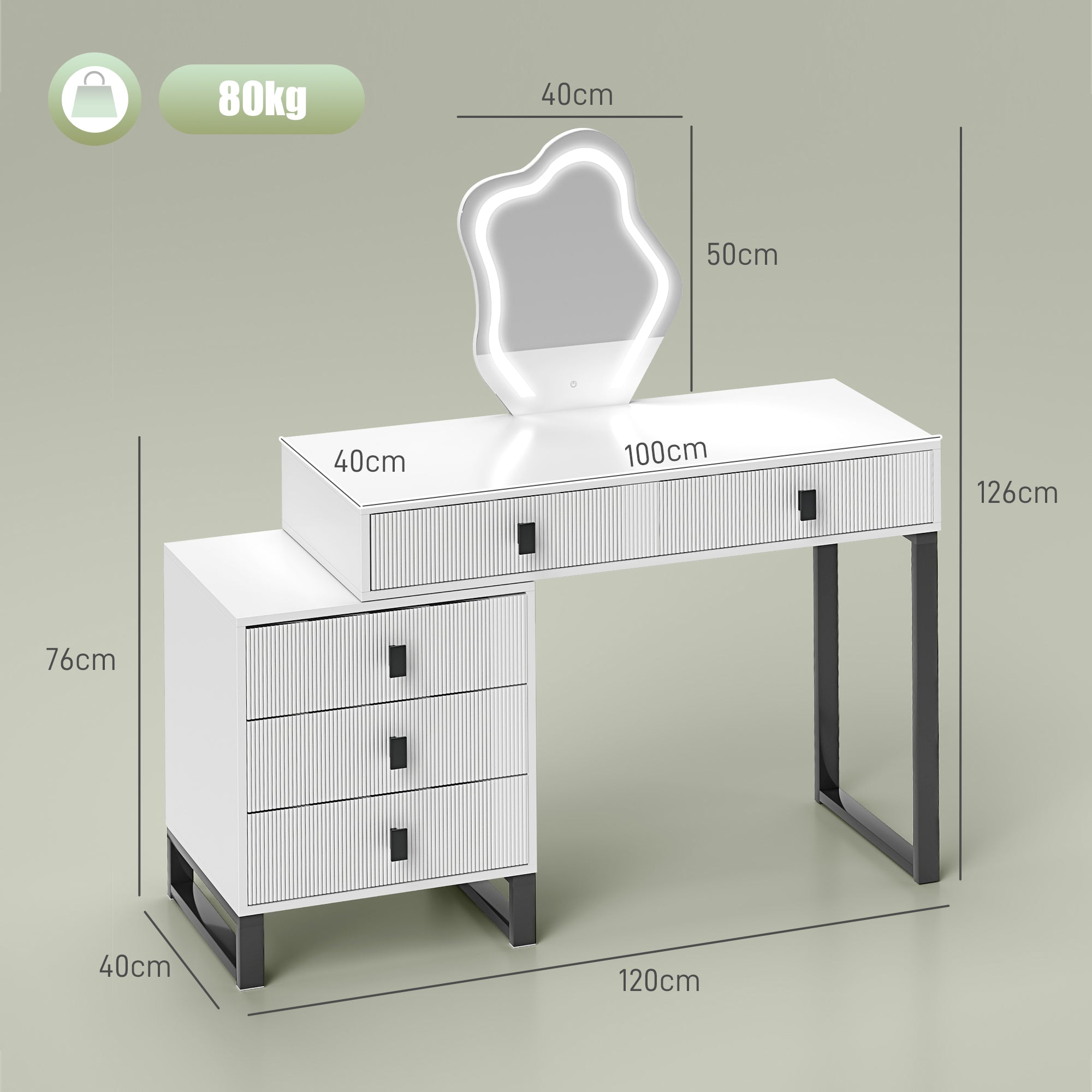 HOMCOM LED Lighted Dressing Table with Leaf Shape Mirror, Modern Vanity Desk with 5 Drawers, Makeup Desk with Fluted Panels, White - North Peak Garden Furniture