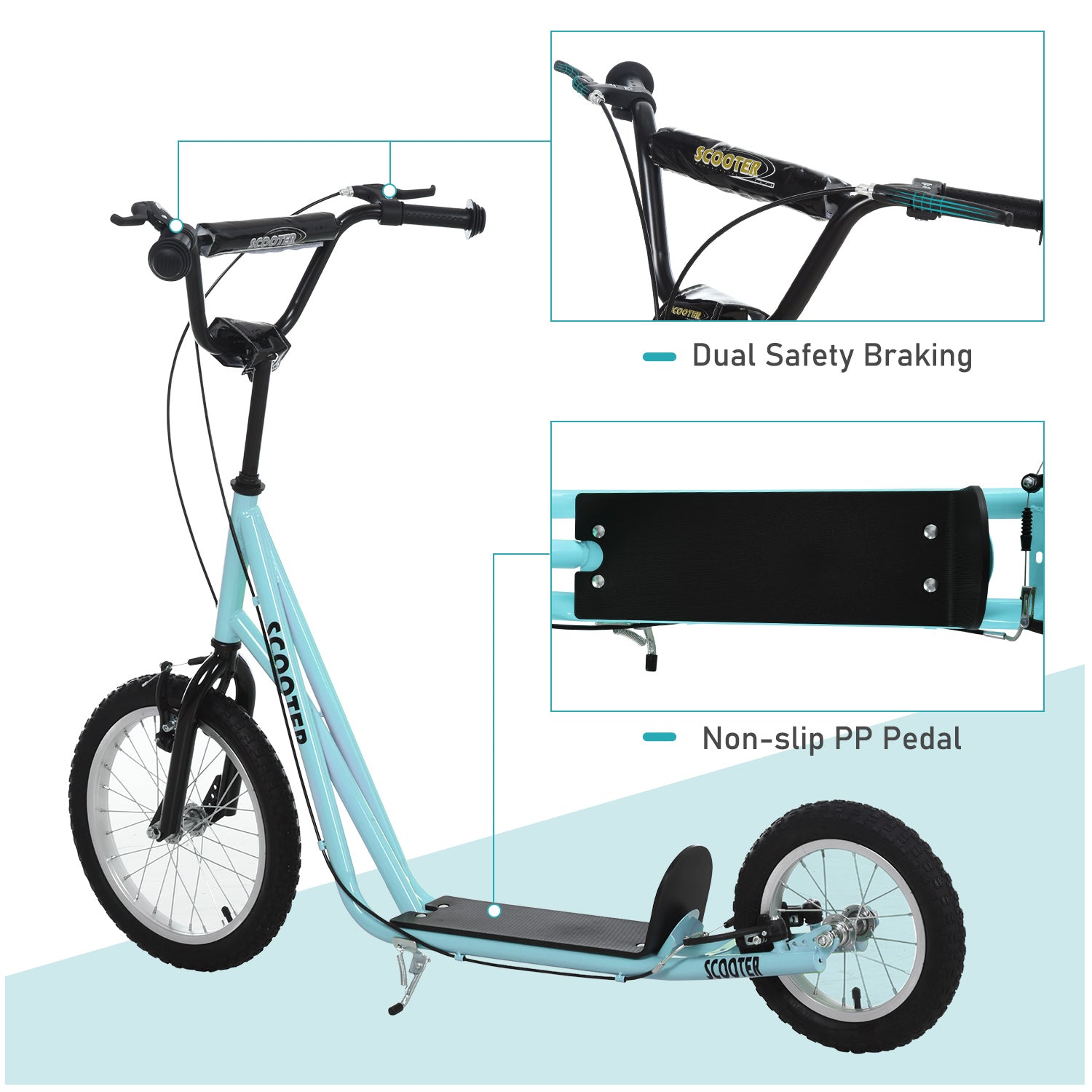 HOMCOM Teen Kids Stunt Scooter w/ Adjustable Handlebar, 16 Inch Rubber Tyres, Dual Brakes, Blue