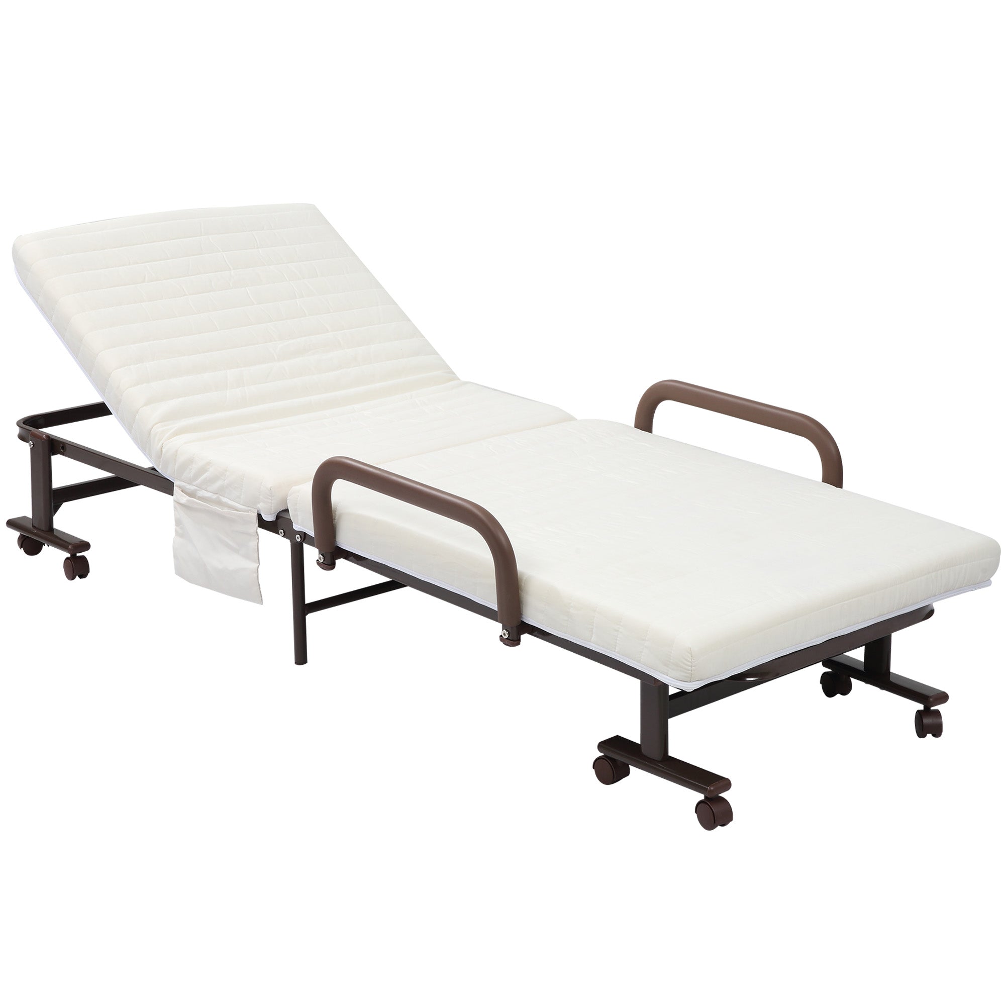 HOMCOM Folding Bed with Mattress, Single Guest Bed, Portable Fold Bed with Adjustable Backrest, Metal Frame on Wheels, White, 190 x 76 cm - North Peak Garden Furniture