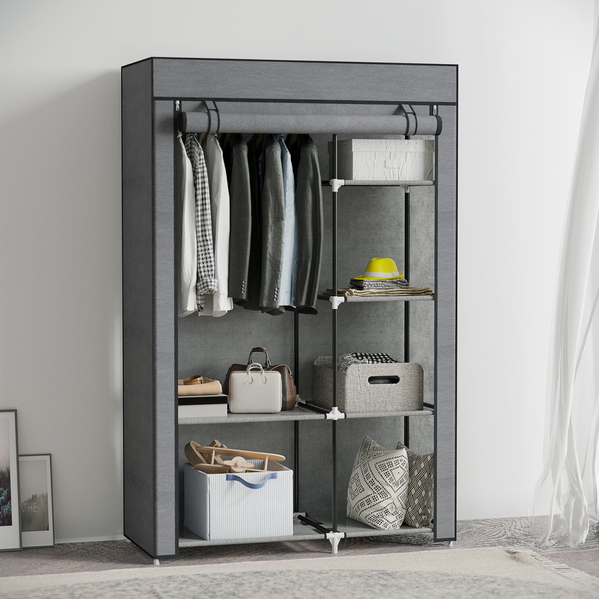 HOMCOM Rail and Six Shelf Fabric Wardrobe - Dark Grey - North Peak Garden Furniture