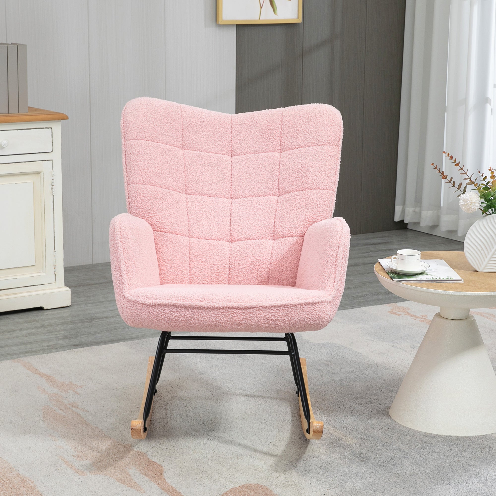 HOMCOM Soft Fleecey Rocking Wingback Chair - Pink - North Peak Garden Furniture