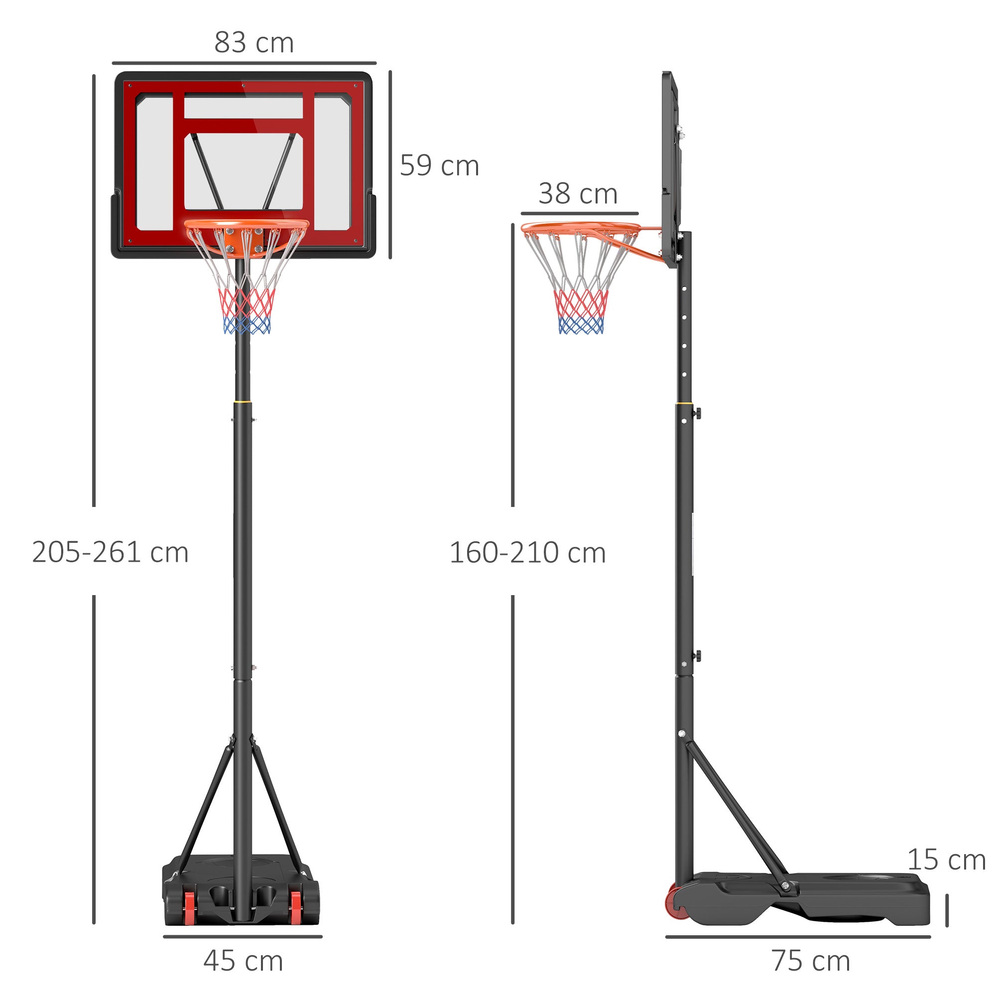 HOMCOM Portable Basketball Hoop Stand 160-210cm Adjustable Height Sturdy Rim Hoop w/ Large Wheels Stable Base & Net Free Standing