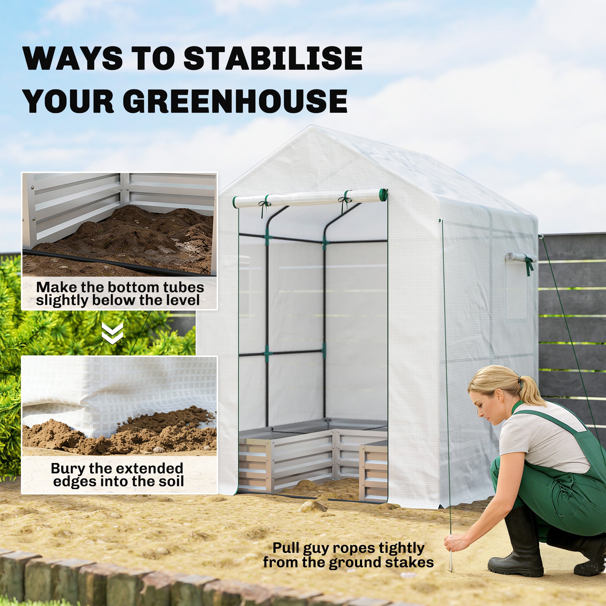 Outsunny Mini Greenhouse with Raised Garden Bed, Galvanised Walk-in Greenhouse with Roll Up Windows, 56" x 56" x 75", White