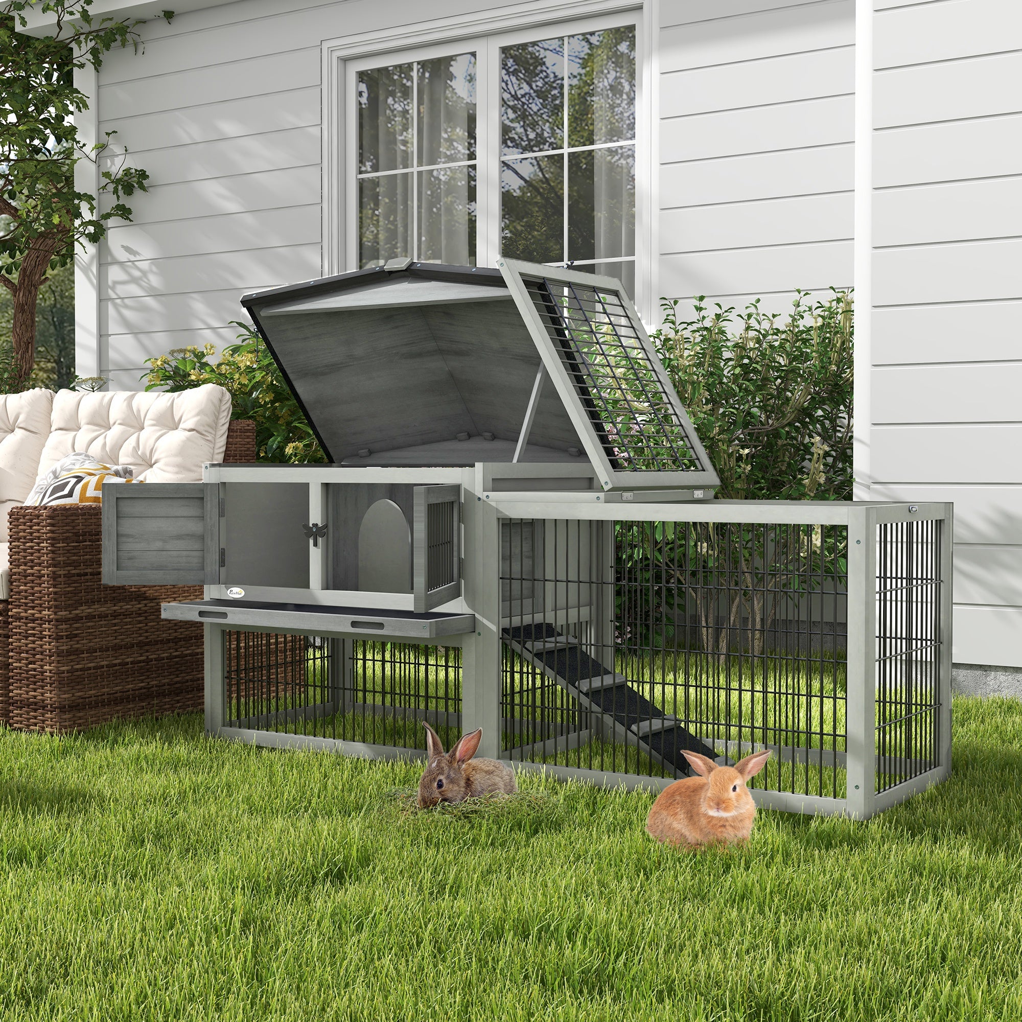 PawHut Wooden Rabbit Hutch with Outdoor Run Grey - North Peak Garden Furniture