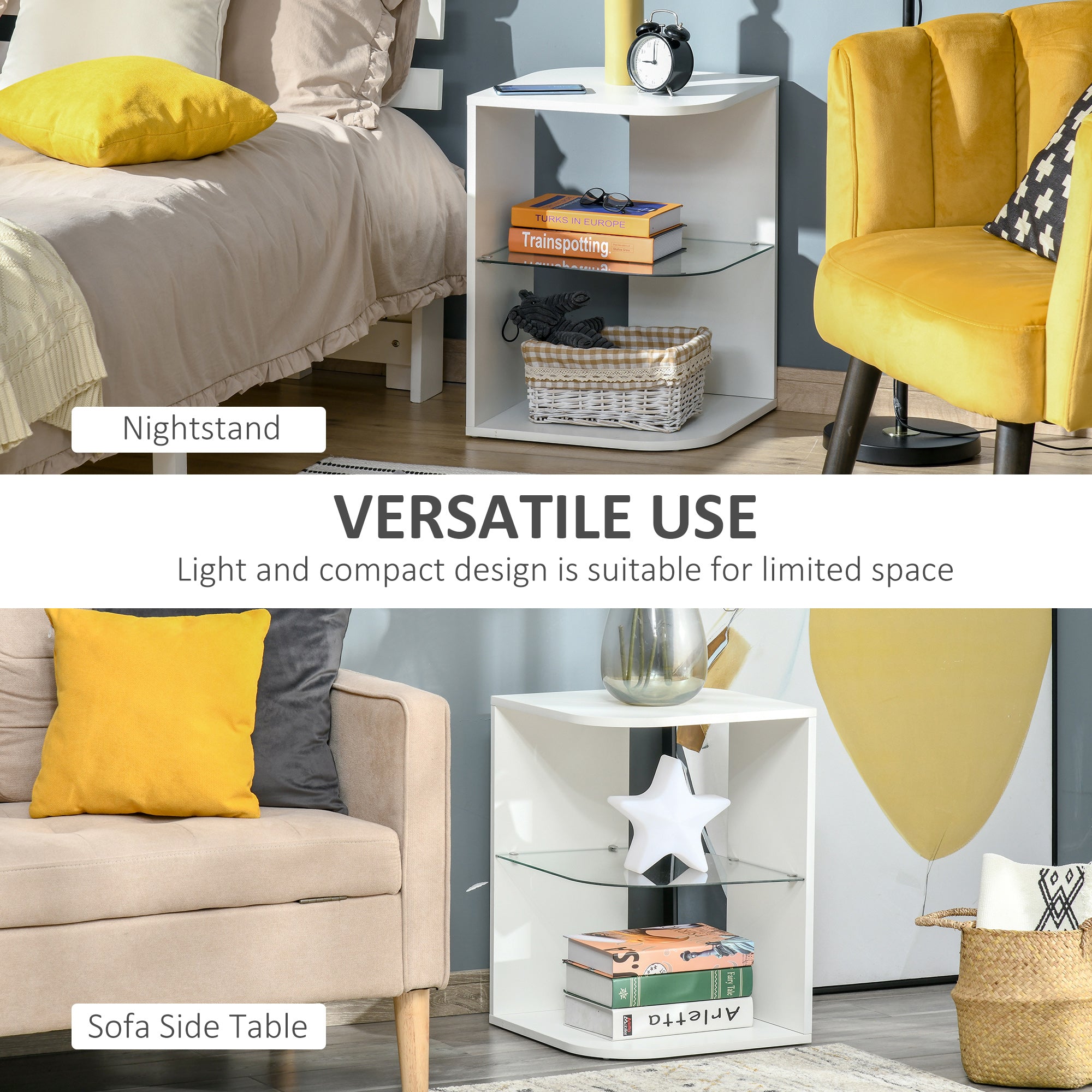 HOMCOM Modern Side Table Three Layer Bedside Table Nightstand with 2 Storage Shelves, for Living room, Bedroom, White - North Peak Garden Furniture