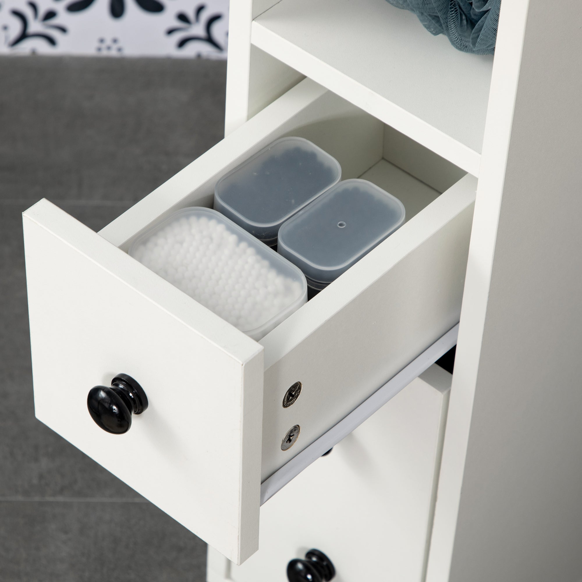 kleankin Slimline Bathroom Storage Unit w/ 2 Drawers 2 Open Compartments Wheels Handles Freestanding Compact Home Office Furniture White