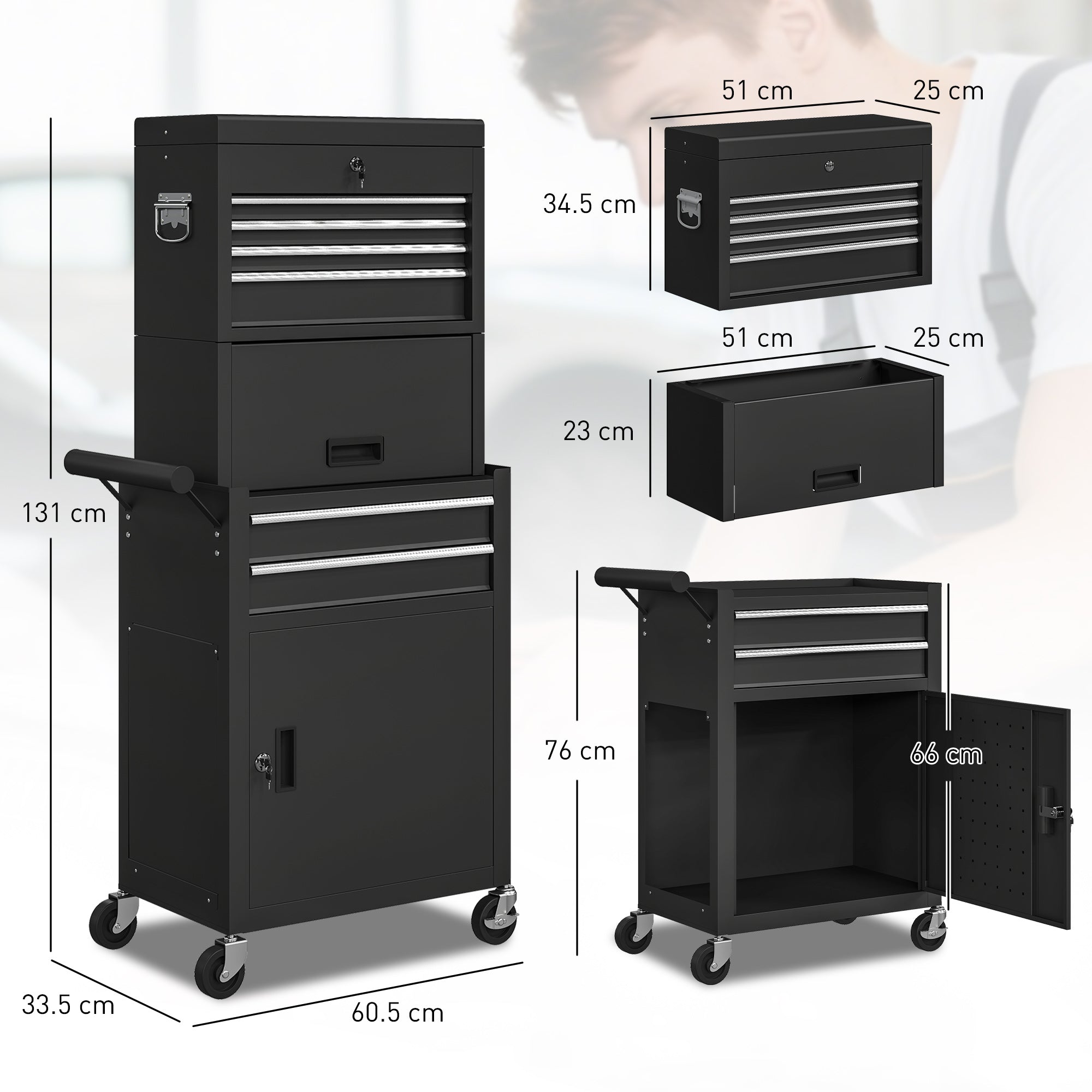 HOMCOM Three-Part Steel Locking Tool Chest - Black