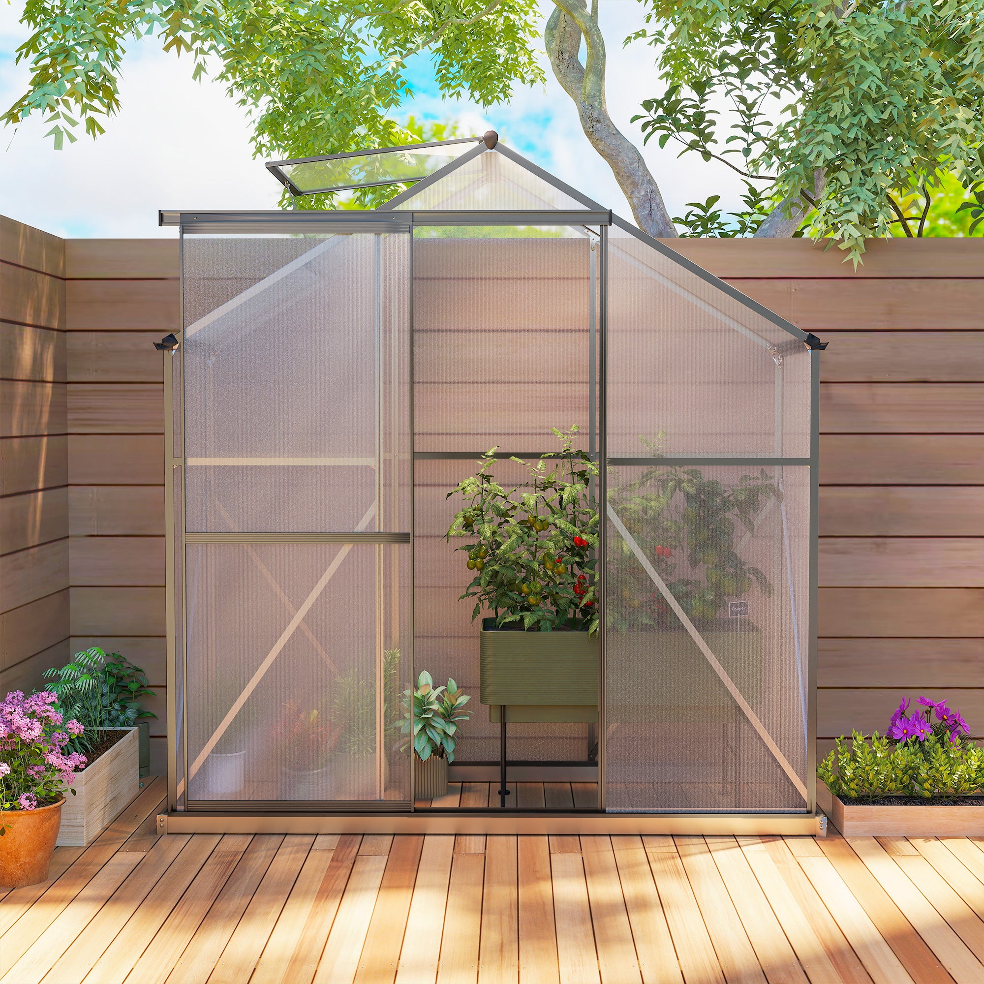 Outsunny 6 x 2.5ft Polycarbonate Greenhouse Walk-In Green House with Rain Gutter, Sliding Door, Window, Foundation, Dark Grey