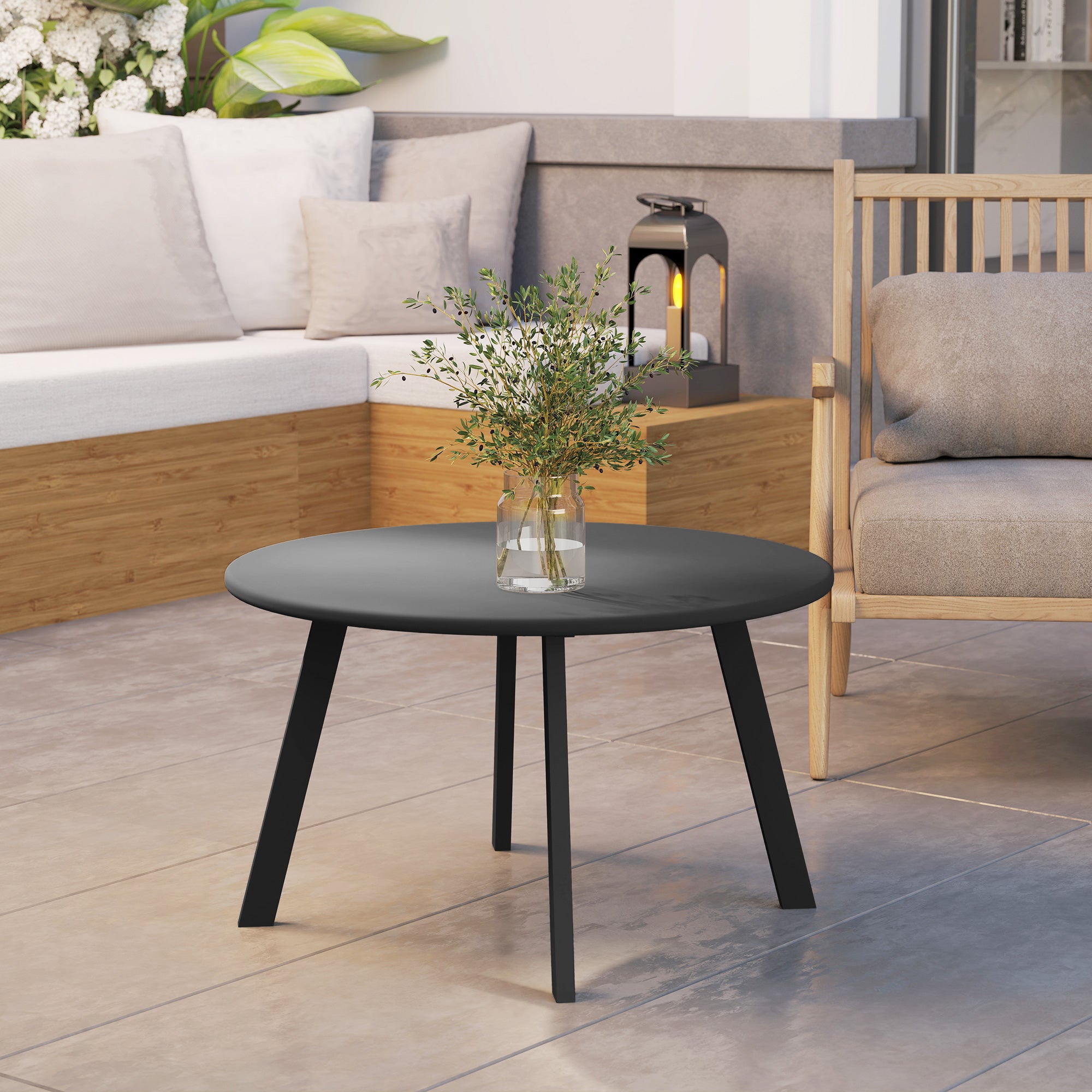 Outsunny 70cm Round Coffee Table, Outdoor Garden Table with Non-Slip Foot Pads and Metal Frame for Garden, Terrace, Balcony, Living Room, Black