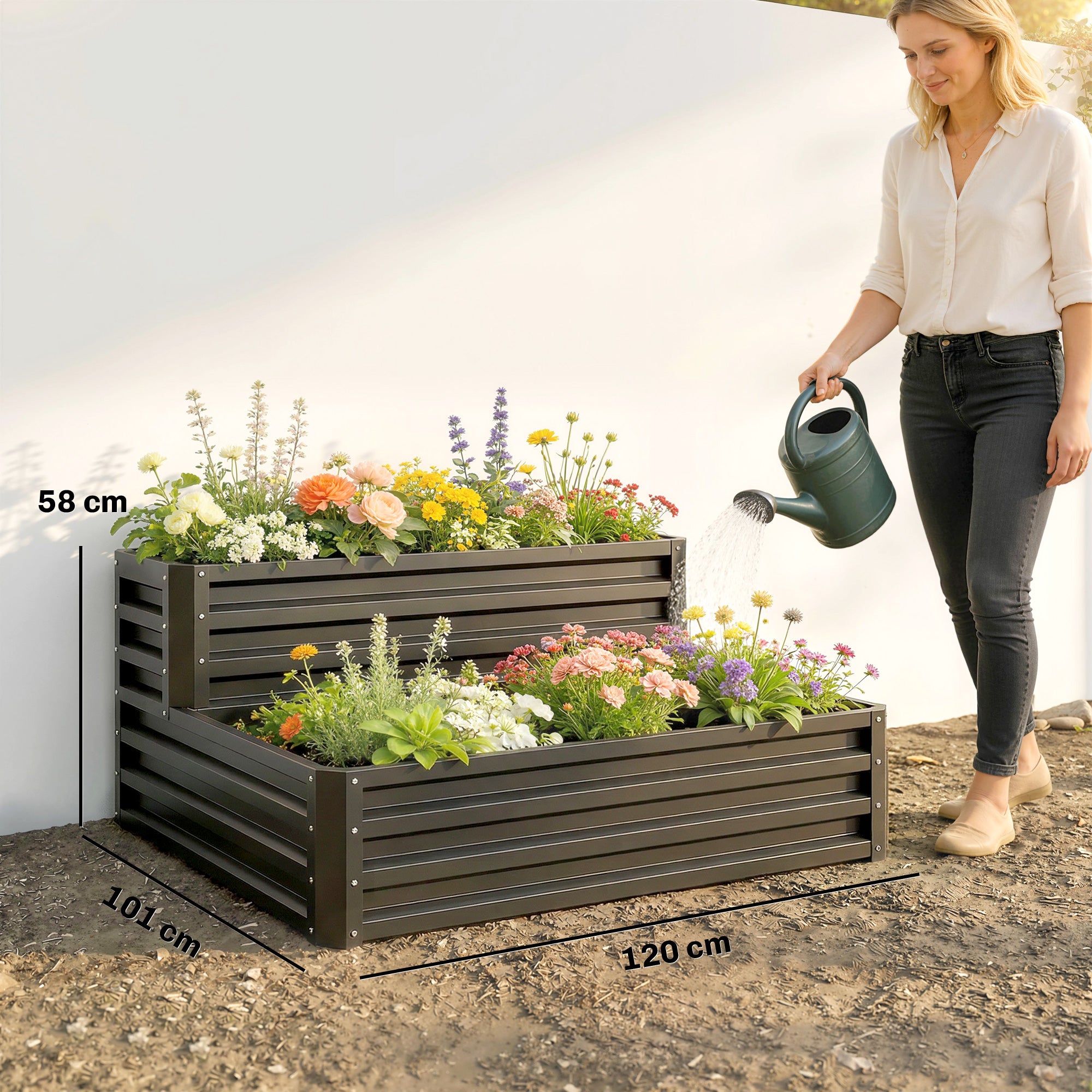 Outsunny 2 Tier Raised Garden Bed, Galvanised Planter Box with Open Bottom for Vegetables Flowers Herbs, 120x101x58cm, Dark Grey