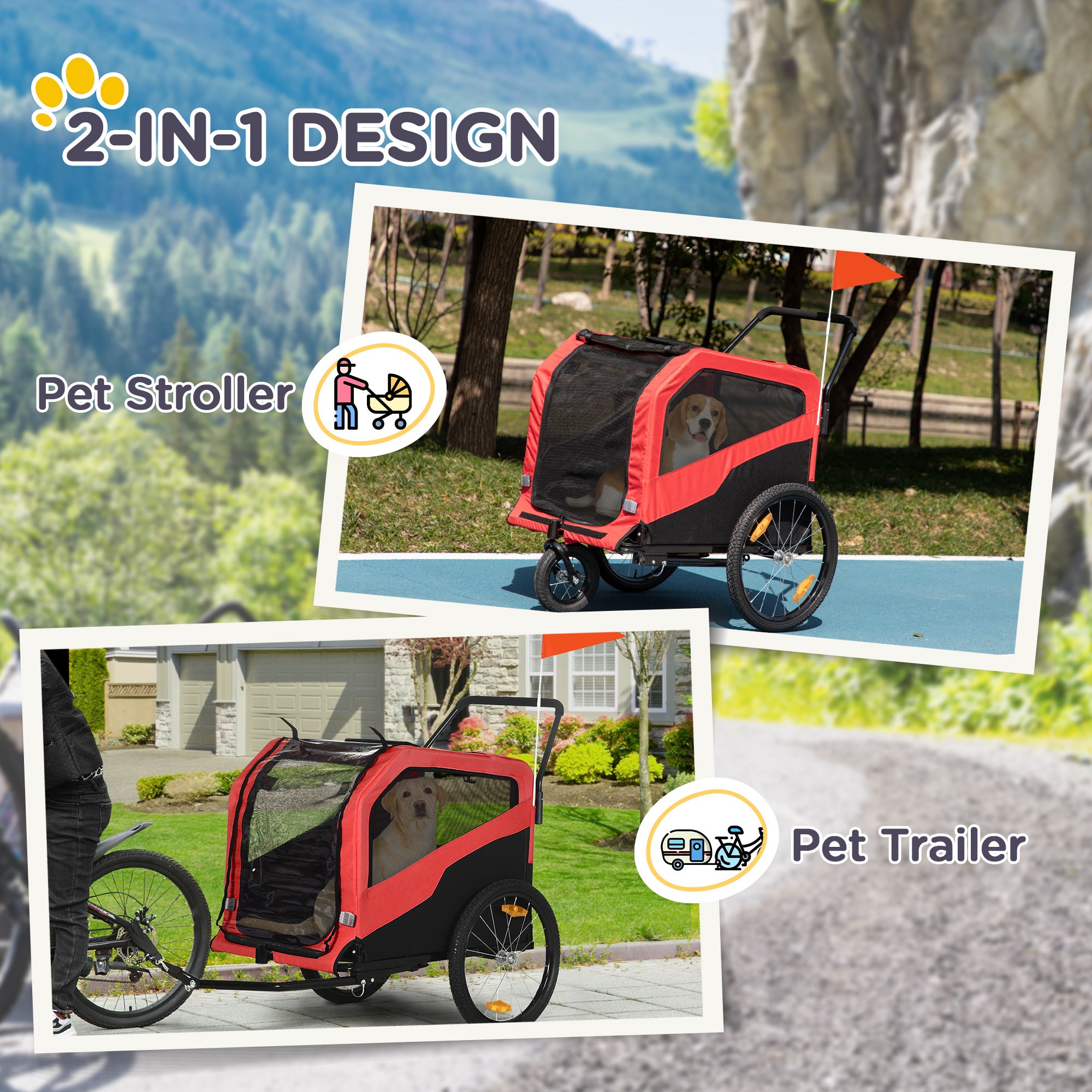 PawHut 2 in 1 Dog Bike Trailer Pet Stroller for Large Dogs with Hitch, 20" Wheels, Pet Bicycle Cart Trolley Carrier for Travel, Red